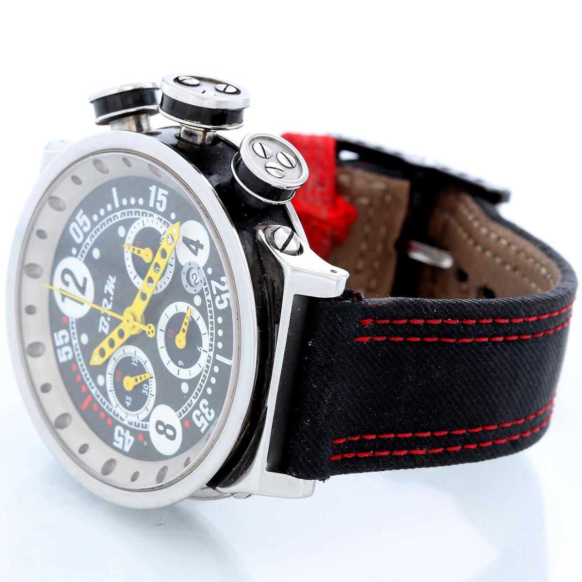B.R.M. Ringmaster Men's Automatic Watch Ref V16-46-AJ - Automatic winding. Titanium ( 46 MM). Black dial with yellow hands; Hours, Minutes, Seconds, Chronograph. Black B.R.M. strap with red leather stitching . Pre-owned with BRM with box and books.
