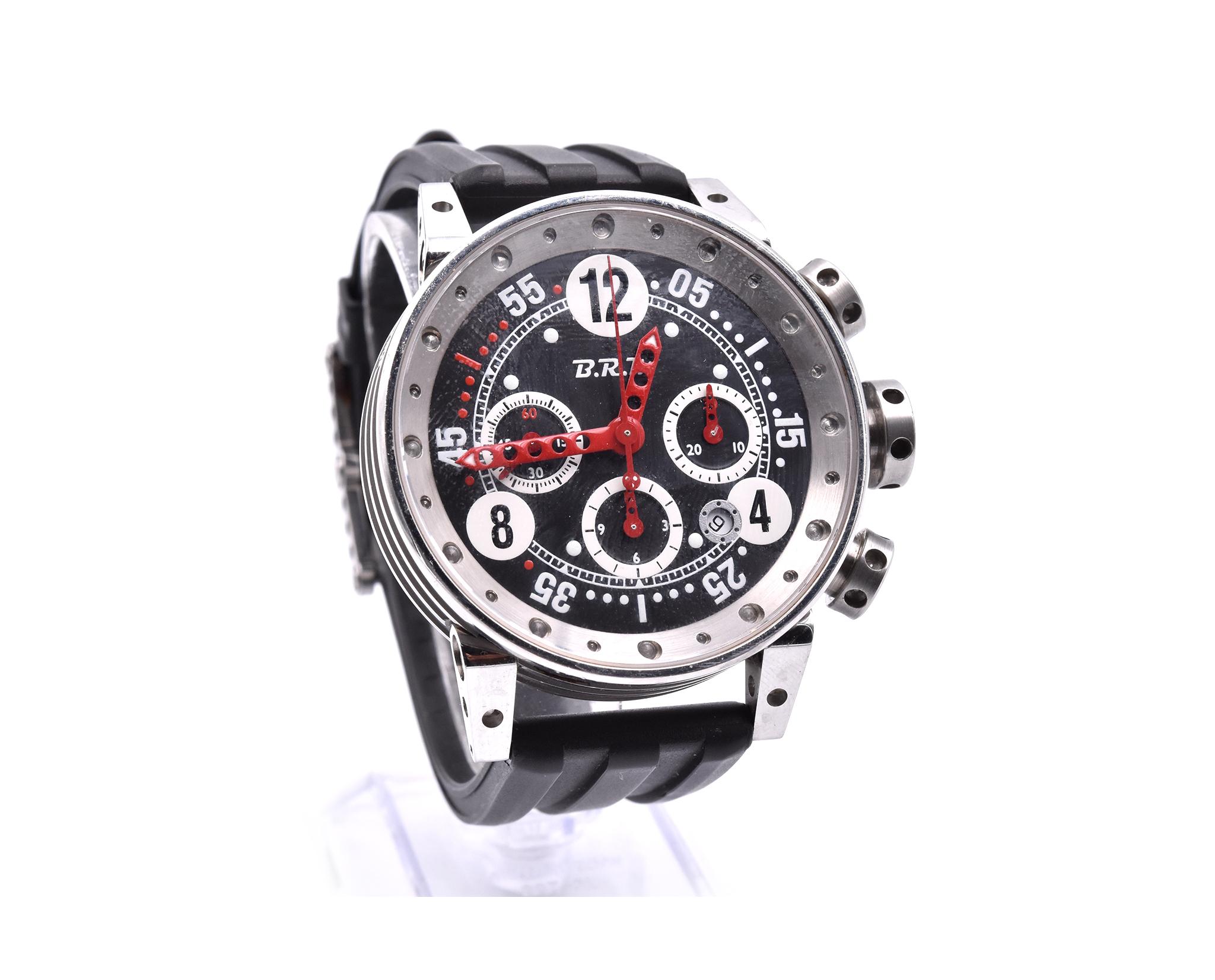 Movement: automatic
Function: hours, minutes, seconds, chronograph, date
Case: 44mm stainless steel case with fixed bezel, pull/push crown and pushers, sapphire protective crystal
Band: black rubber strap with steel buckle
Dial: black dial, red