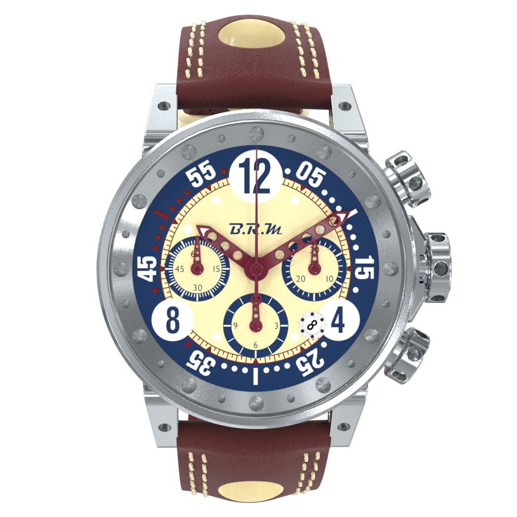 The automatic V12-44-Vintage has streamlined hands, racing numbers on the dial, oversized push-buttons and crown, and a steel case machined from the block. This model, which dates back to the brand’s very beginnings, is manufactured in the shape of