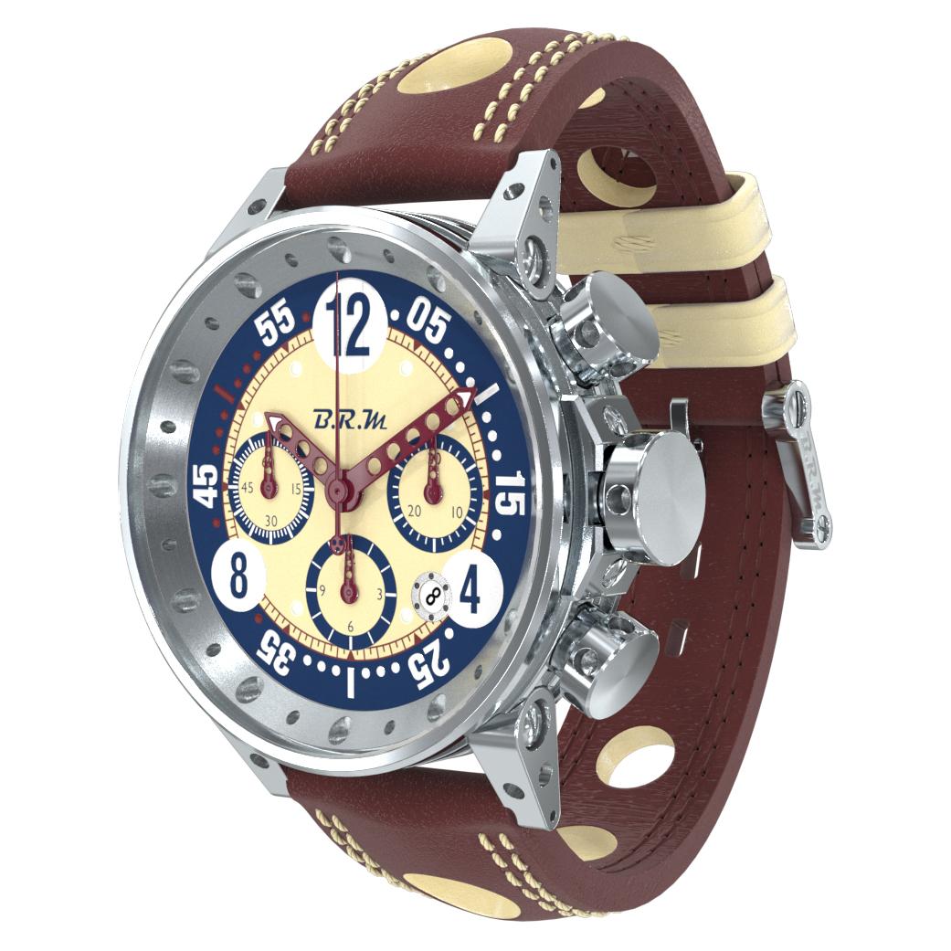 BRM Vintage-Look Stainless Steel Automatic Chronograph Burgundy Leather Strap