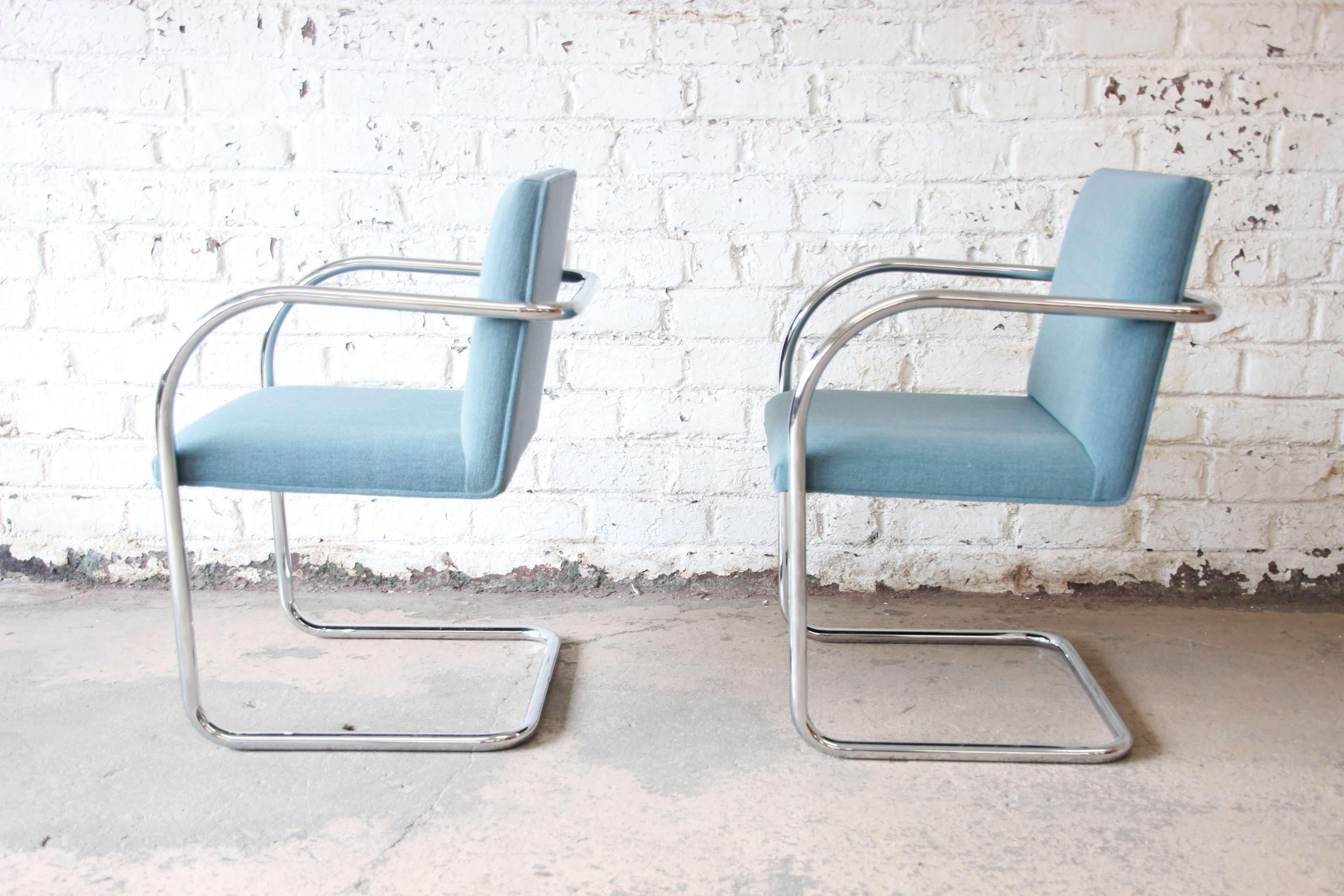 Offering a very nice set of Brno chairs by Gordon International. The chairs feature nice chrome frames with a clean light blue upholstery. The chairs are comfortable with strong foam webbing and in excellent vintage condition. Eighteen chairs