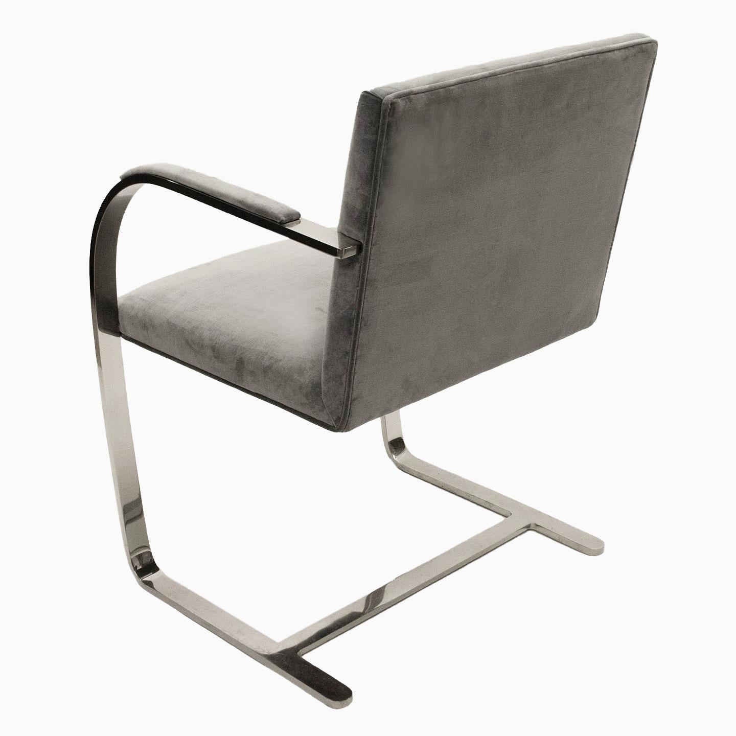 Mid-Century Modern Brno Flat-Bar Chair Upholstered in Light Grey Velvet, Steel Frame For Sale
