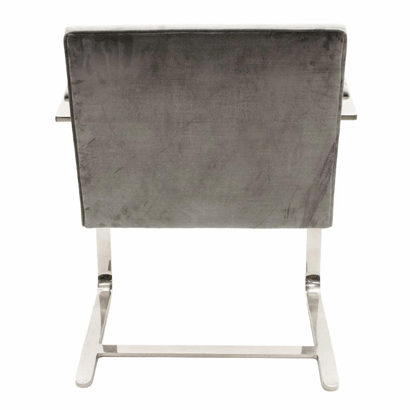 American Brno Flat-Bar Chair Upholstered in Light Grey Velvet, Steel Frame For Sale