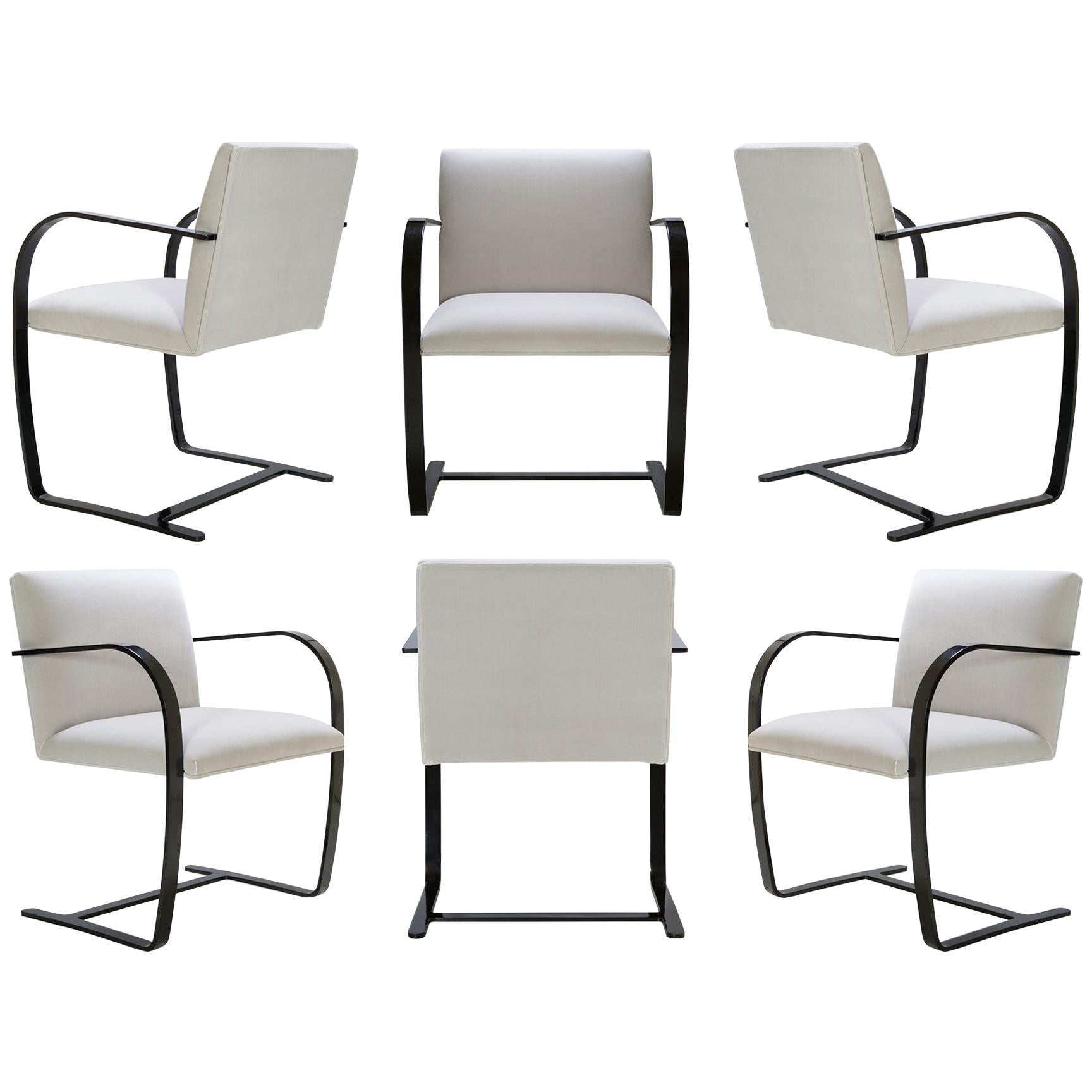Brno Flat-Bar Chairs in Velvet, Black Gloss by Mies van der Rohe for Knoll, 6 For Sale