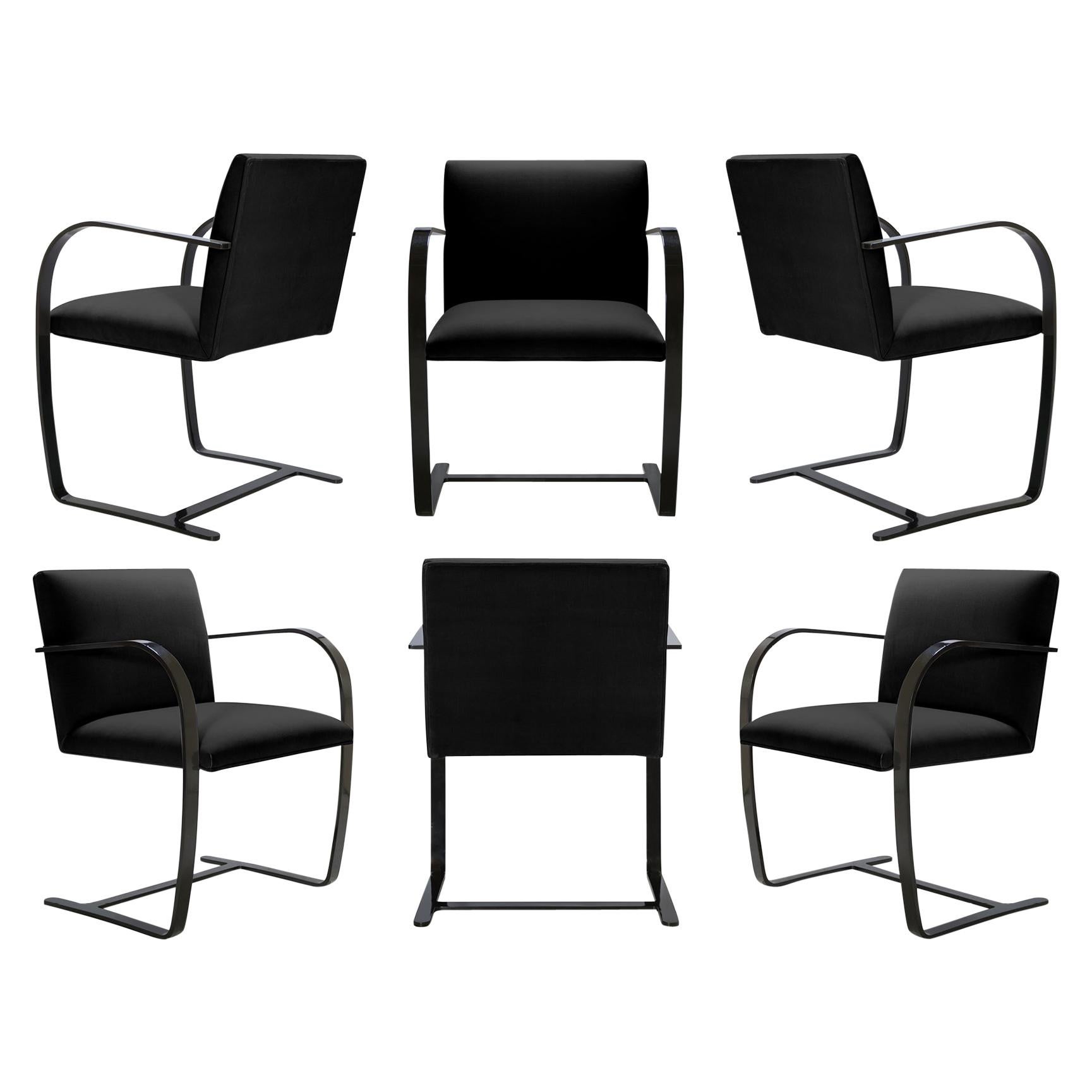 Brno Flat-Bar Chairs Velvet, Obsidian Gloss by Mies Van Der Rohe for Knoll, 6