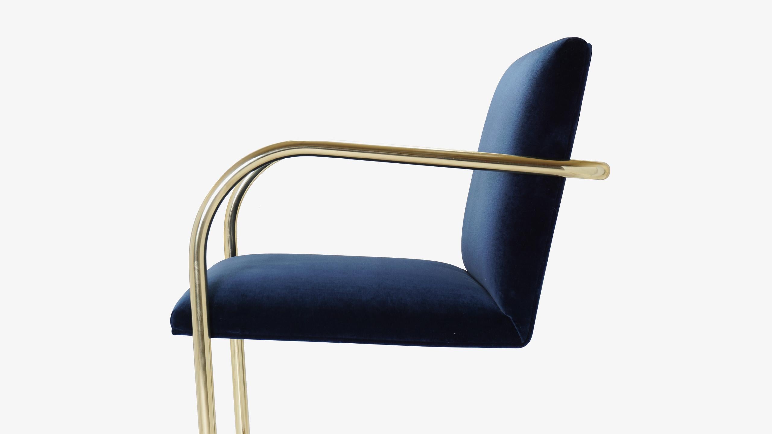 American Brno Tubular Chairs in Navy Velvet Polished Brass by Mies Van Der Rohe for Knoll For Sale