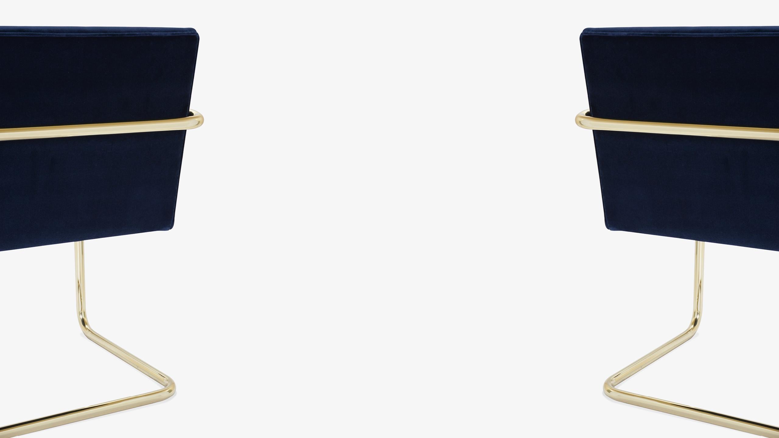 Plated Brno Tubular Chairs in Navy Velvet Polished Brass by Mies Van Der Rohe for Knoll For Sale