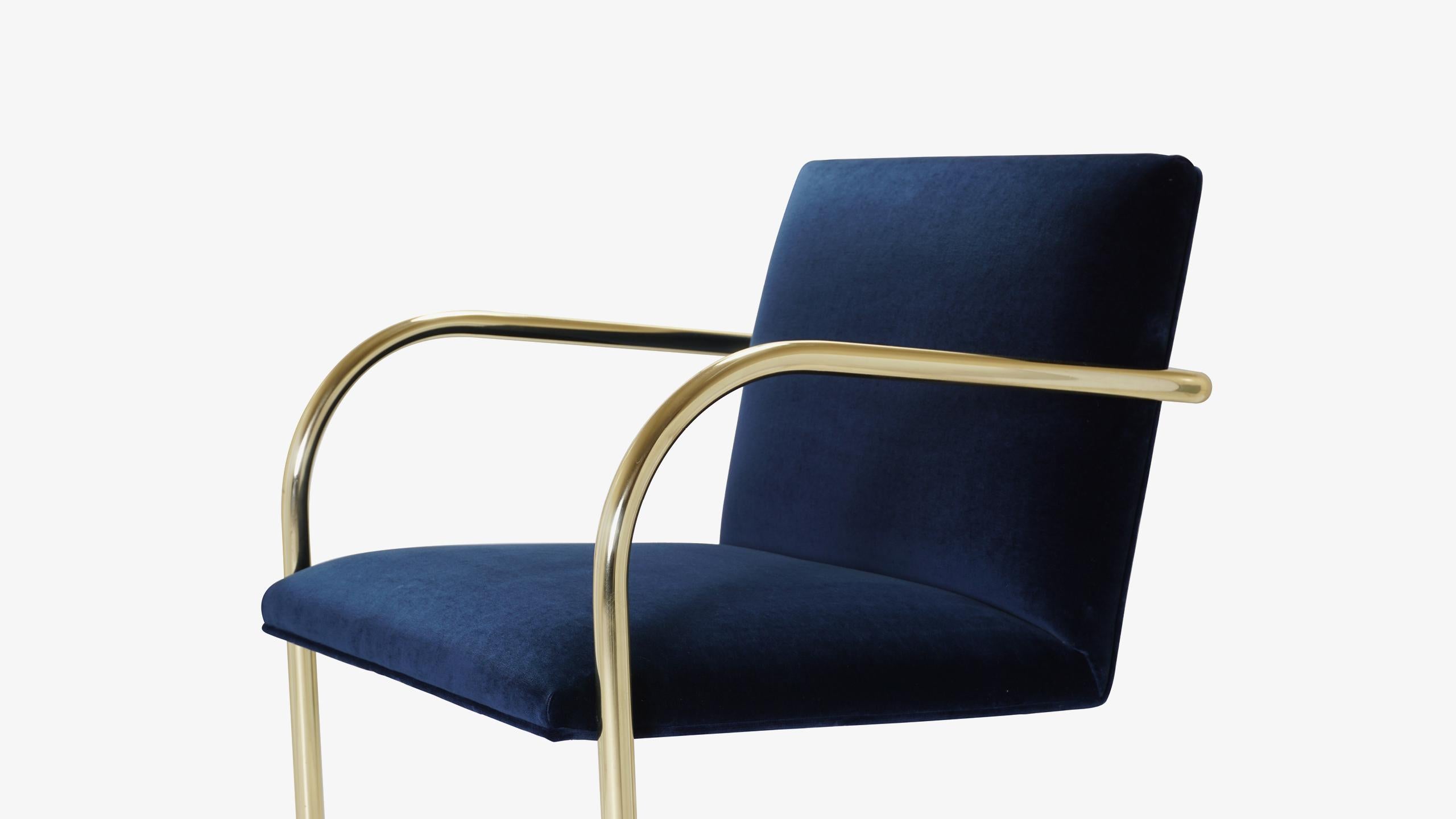 Brno Tubular Chairs in Navy Velvet Polished Brass by Mies Van Der Rohe for Knoll In Excellent Condition For Sale In Wilton, CT