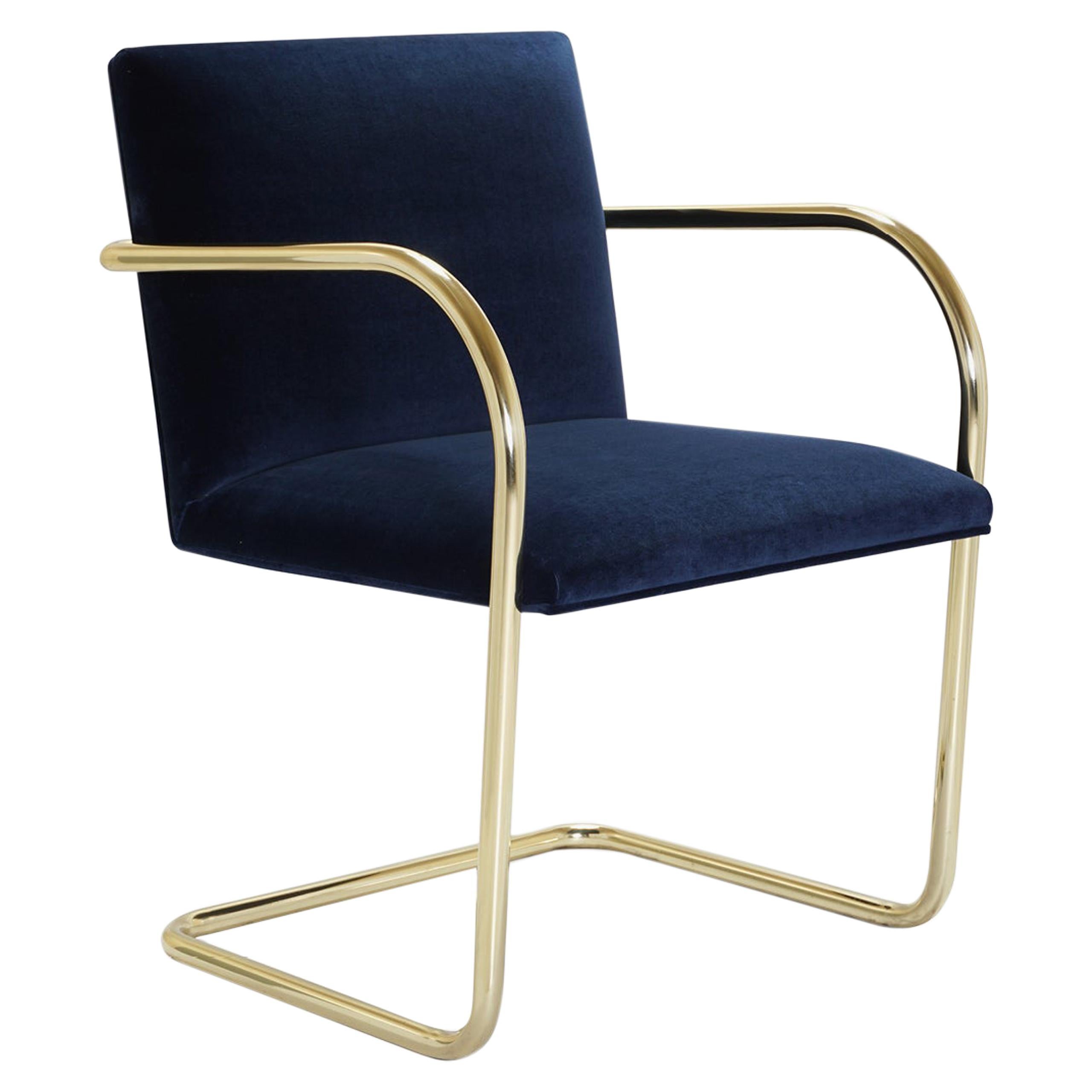 Brno Tubular Chairs in Navy Velvet Polished Brass by Mies Van Der Rohe for Knoll