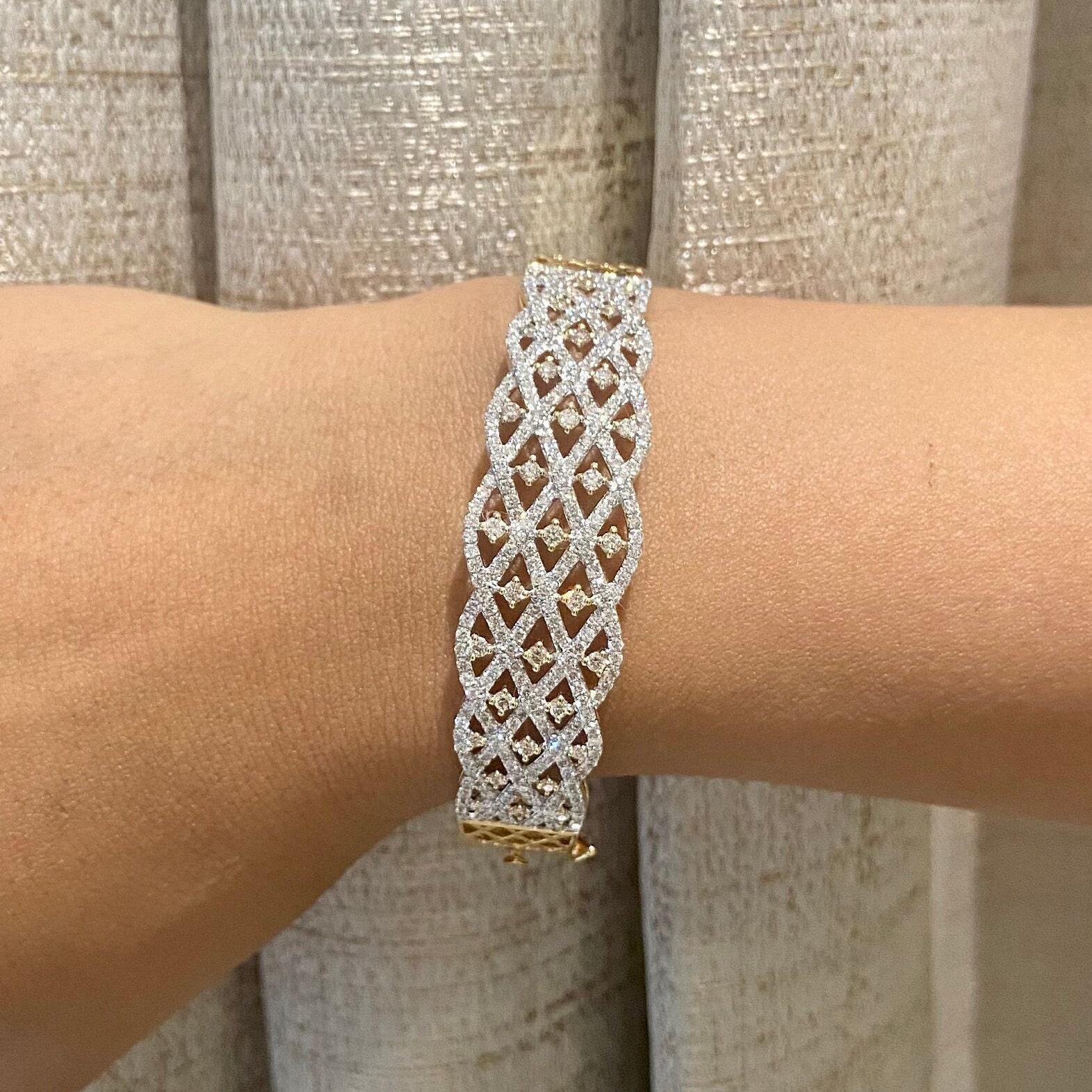 Breiter Diamant-Armreif aus massivem 14-karätigem Gold (zertifiziert) (Art déco) im Angebot