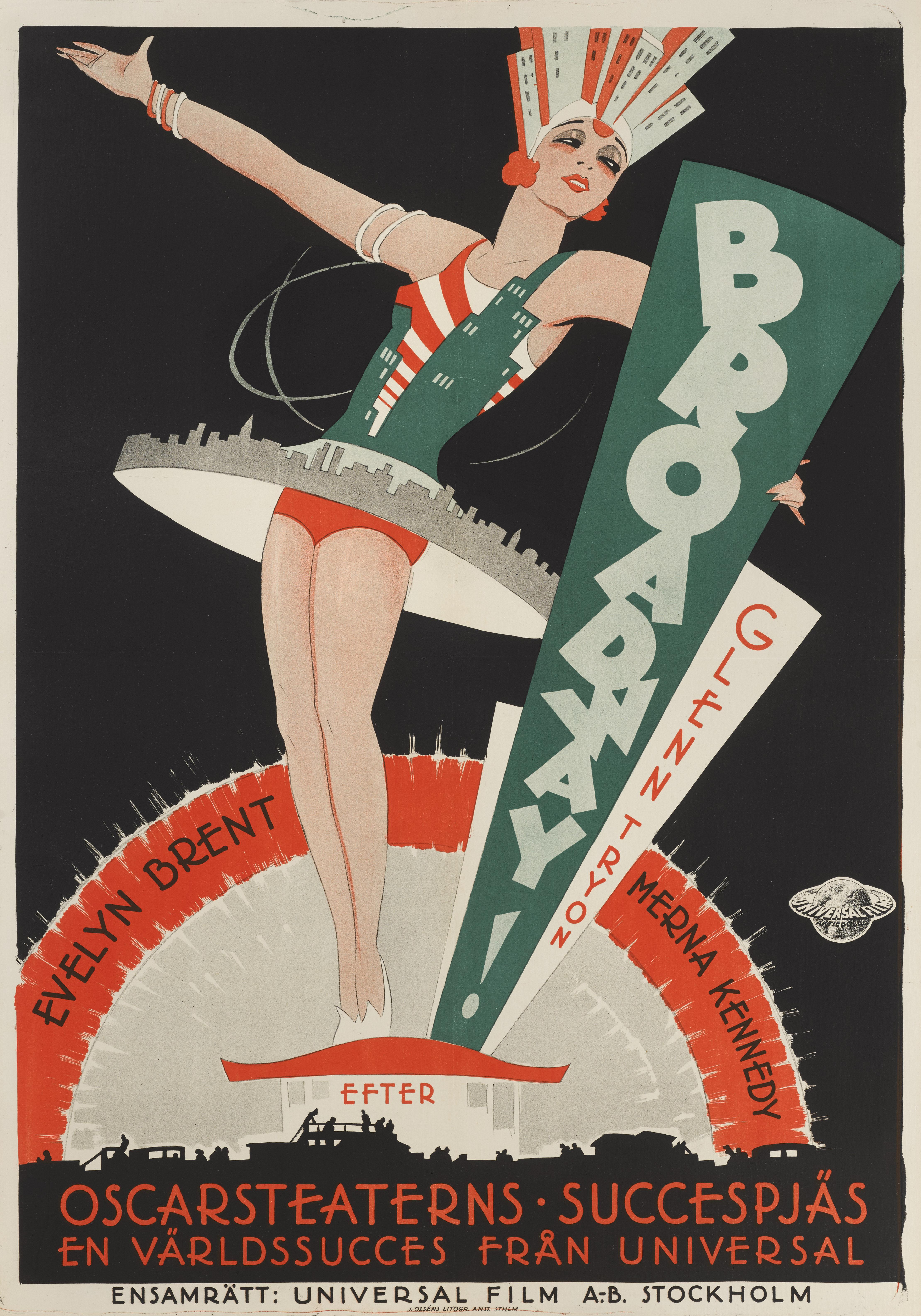 Originales schwedisches Filmplakat für das Musical Broadway von 1929.
Der Film wurde unter der Regie von Pal Fejos gedreht und mit Glenn Tryon, Evelyn Brent und Merna Kennedy besetzt.
Dieses beeindruckende schwedische Plakat wurde von Eric Rohman