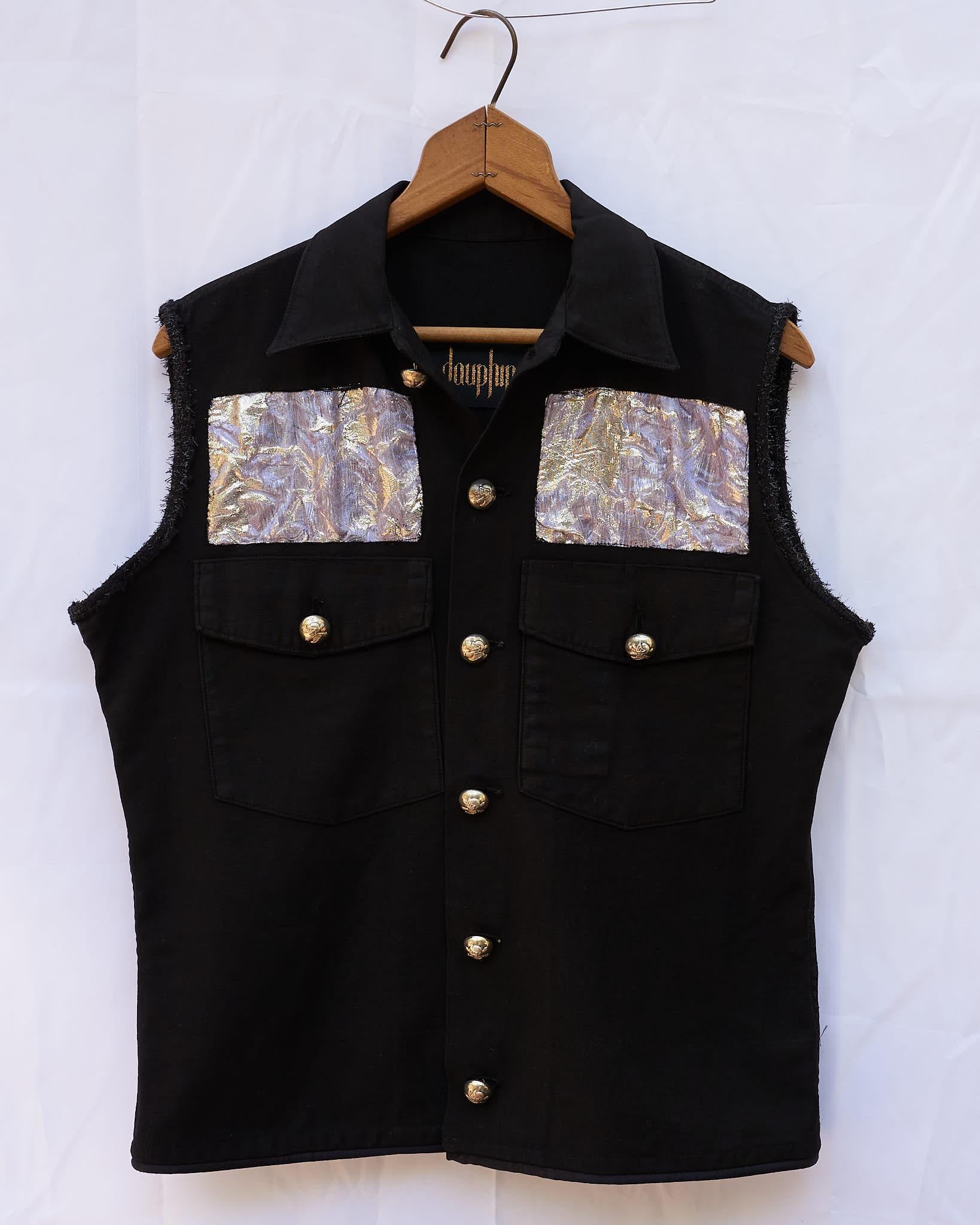 Embellished Black Sleeveless Vintage Military Jacket Repurposed into a Vest with Black Lurex Tweed and Lilac Silver Lurex Brocade, Vintage Collectible Military Vintage Silver Tone Buttons in Brass.

This is a One of a kind Jacket, Fully Sustainable