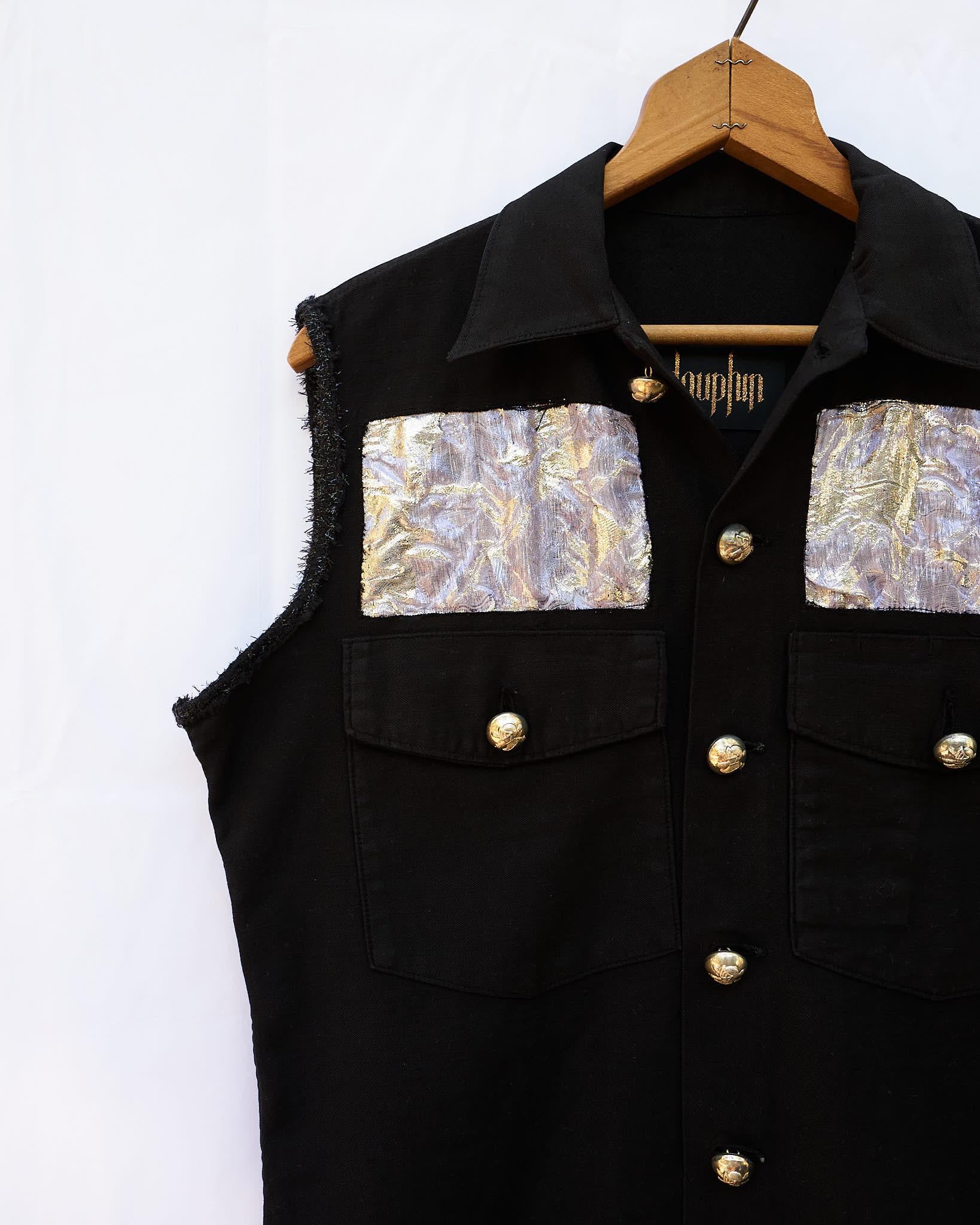 Brocade Embellished Military Vest Sleeveless Silver Vintage Buttons J Dauphin In New Condition In Los Angeles, CA