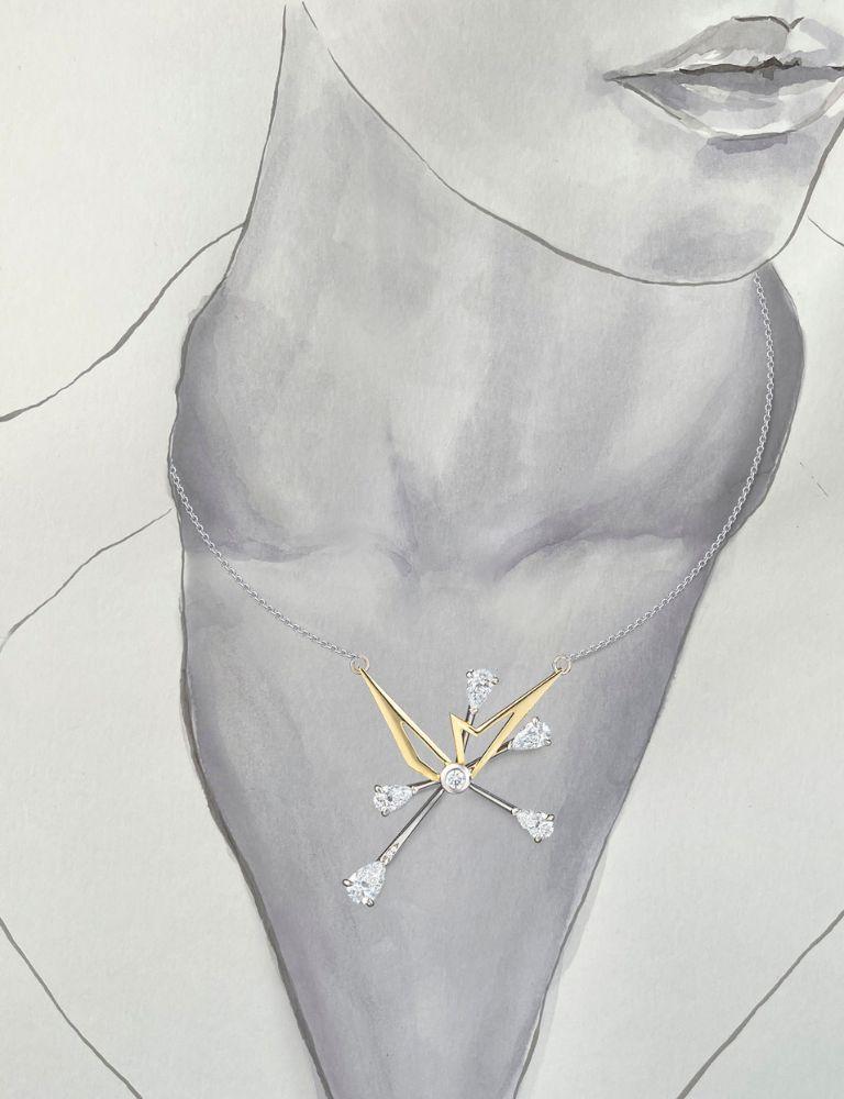 Brocade Necklace a Hero Piece within the Collection Light the Grey.  Handcrafted in 18 Carat white and yellow gold.  Sculptural lines and Brilliant Cut Diamonds create a Burst of Light which light up the day.

A statement piece, yet designed to be