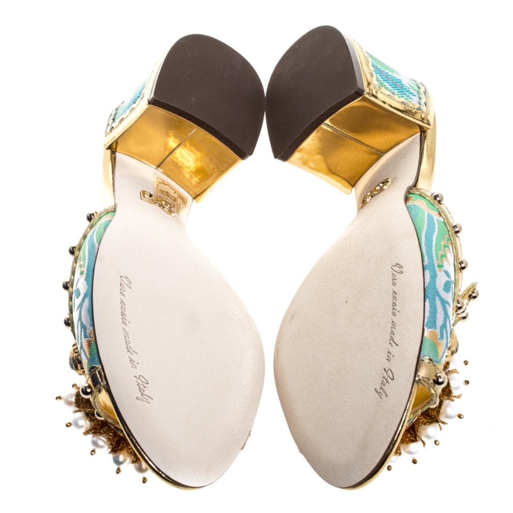 Brocade Patent Leather Trim Crystal Embellished Open Toe Sandals Size 35.5 1