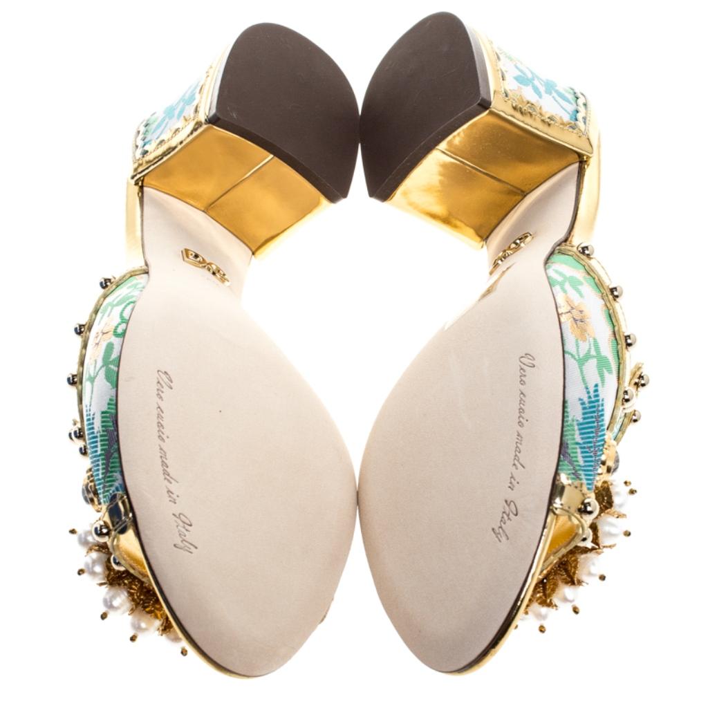 Brocade Patent Leather Trim Crystal Embellished Open Toe Sandals Size 36.5 1
