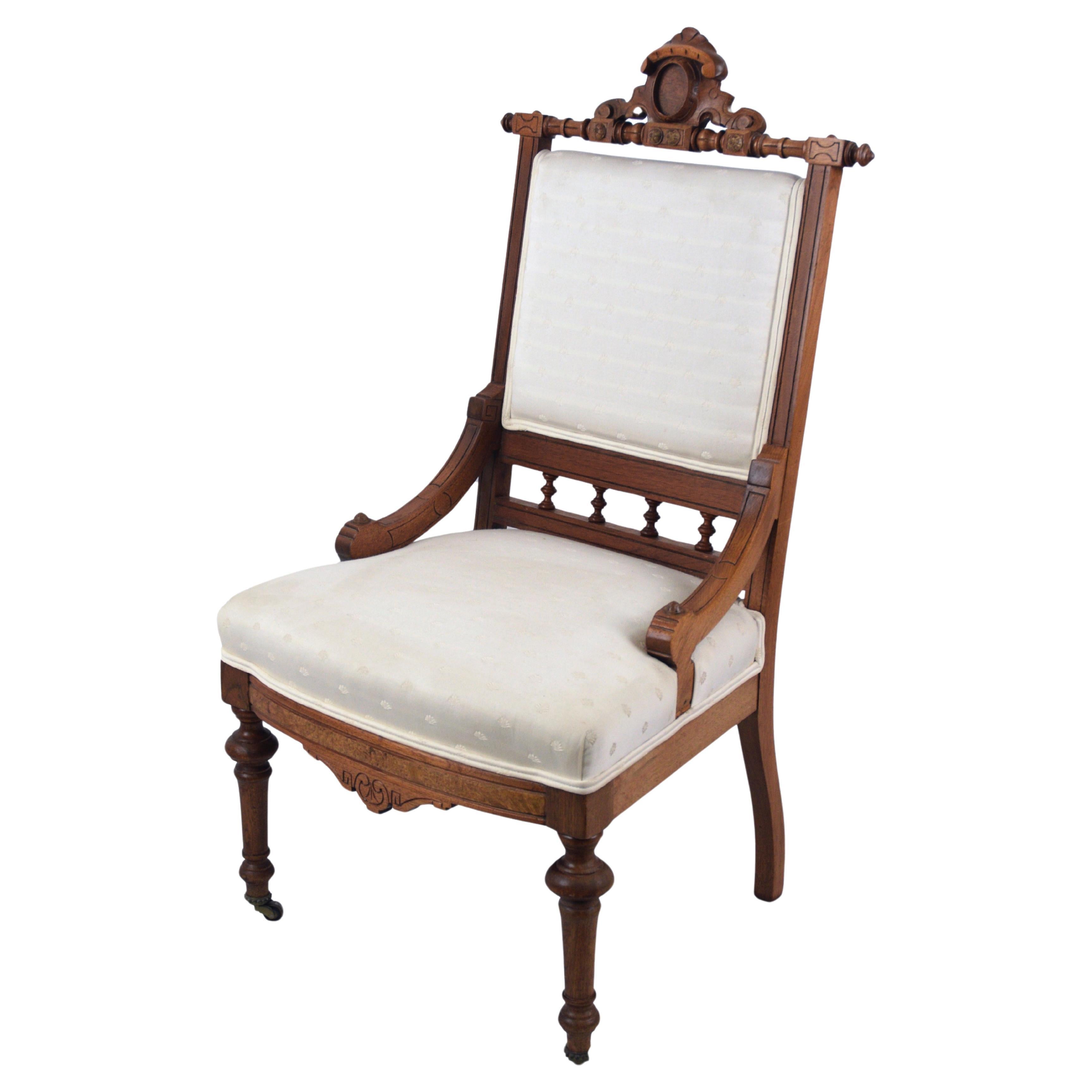 Brocade-Upholstered Eastlake Parlor Chair with Casters