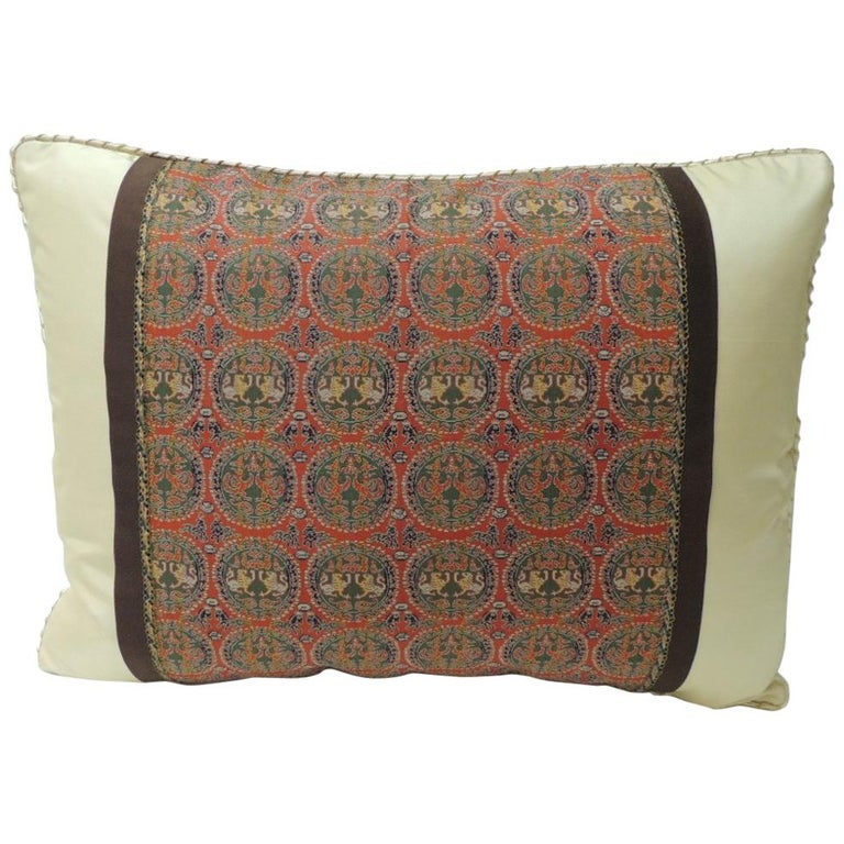 Brocade with Circular Design of Tigers and Phoenixes Bolster Decorative Pillow For Sale