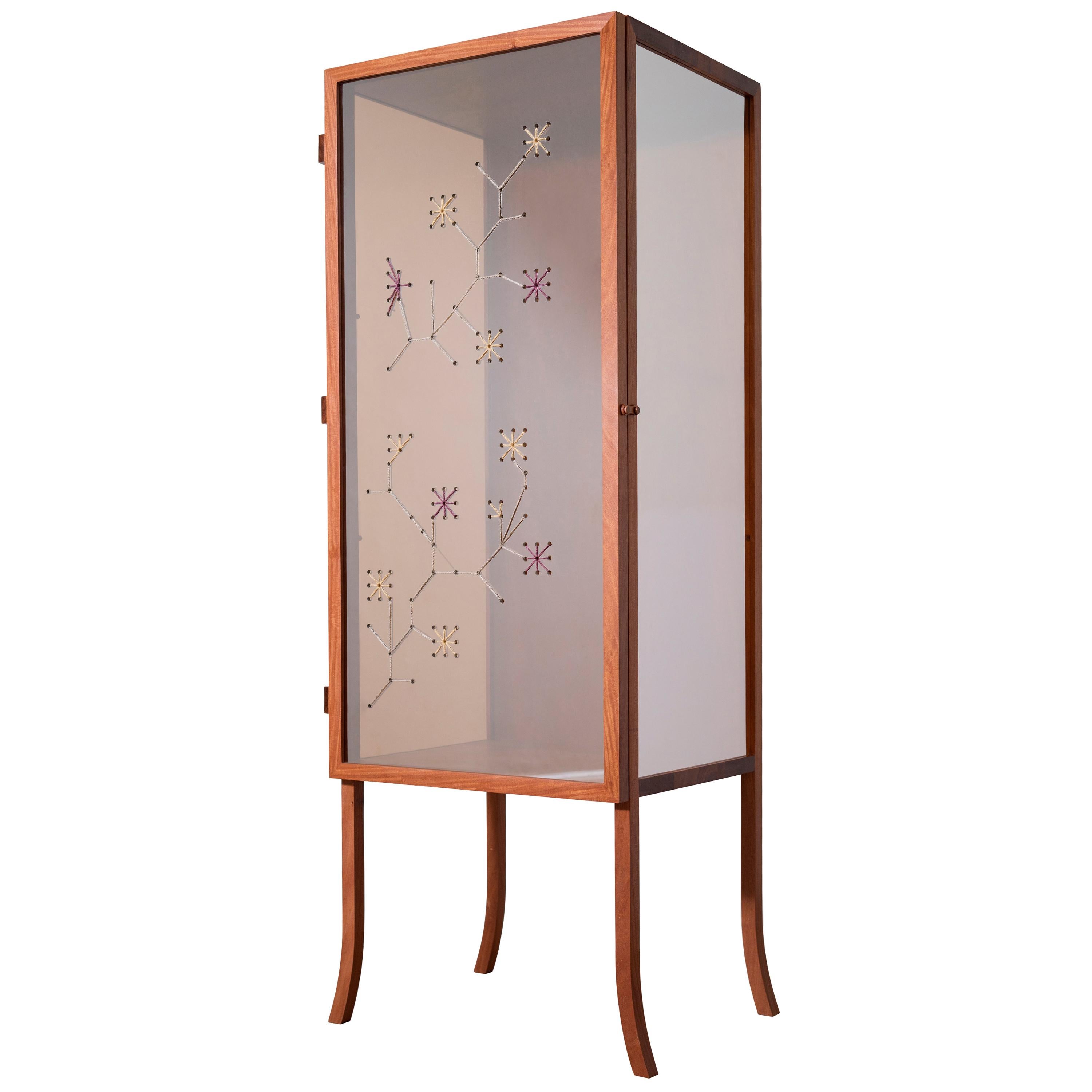 Brocado Cabinet: handmade in Brazil with cabreúva wood and embroidered glass For Sale