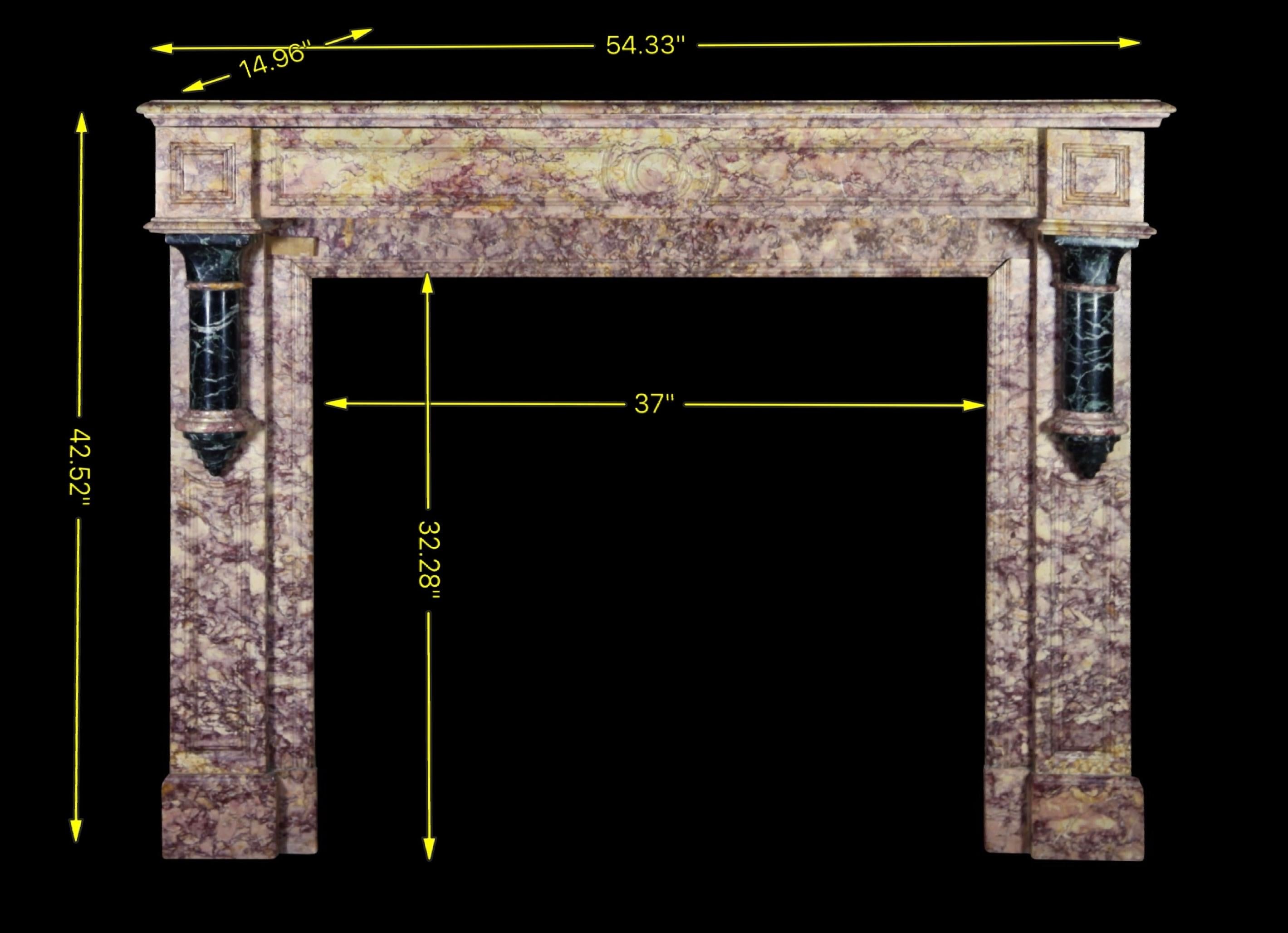 A Brocatelle D'Espagne marble original Art Deco period fireplace surround in combination with other marble details. It is an early 20th century mantle piece.
Dimensions:
138 cm Exterior Width 54,33 Inch
108 cm Exterior Height 42,52 Inch
94 cm