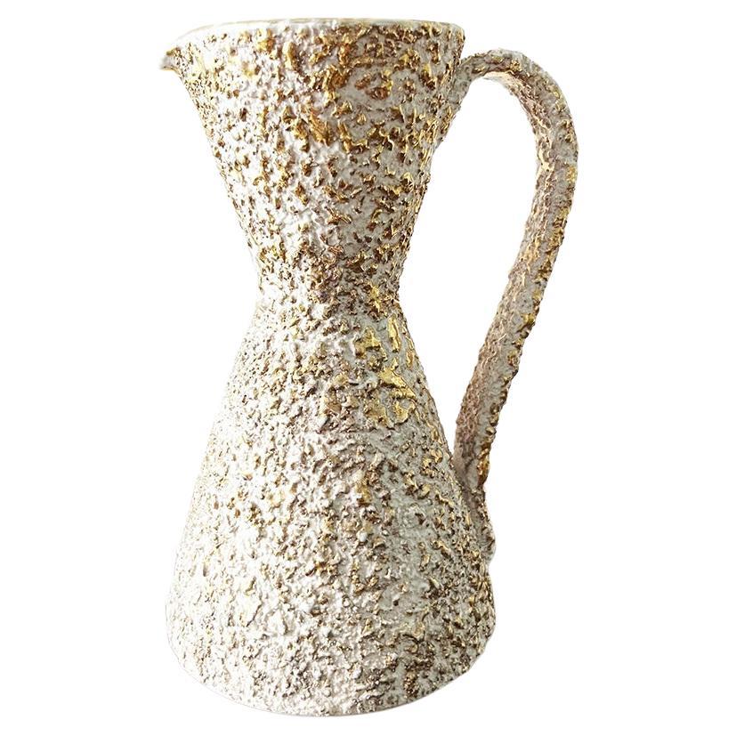 Vintage 1950s Gold and White Ceramic Pitcher -Art- For Sale