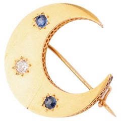 Broche ancienne croissant de lune saphirs et diamants du 19ème siècle