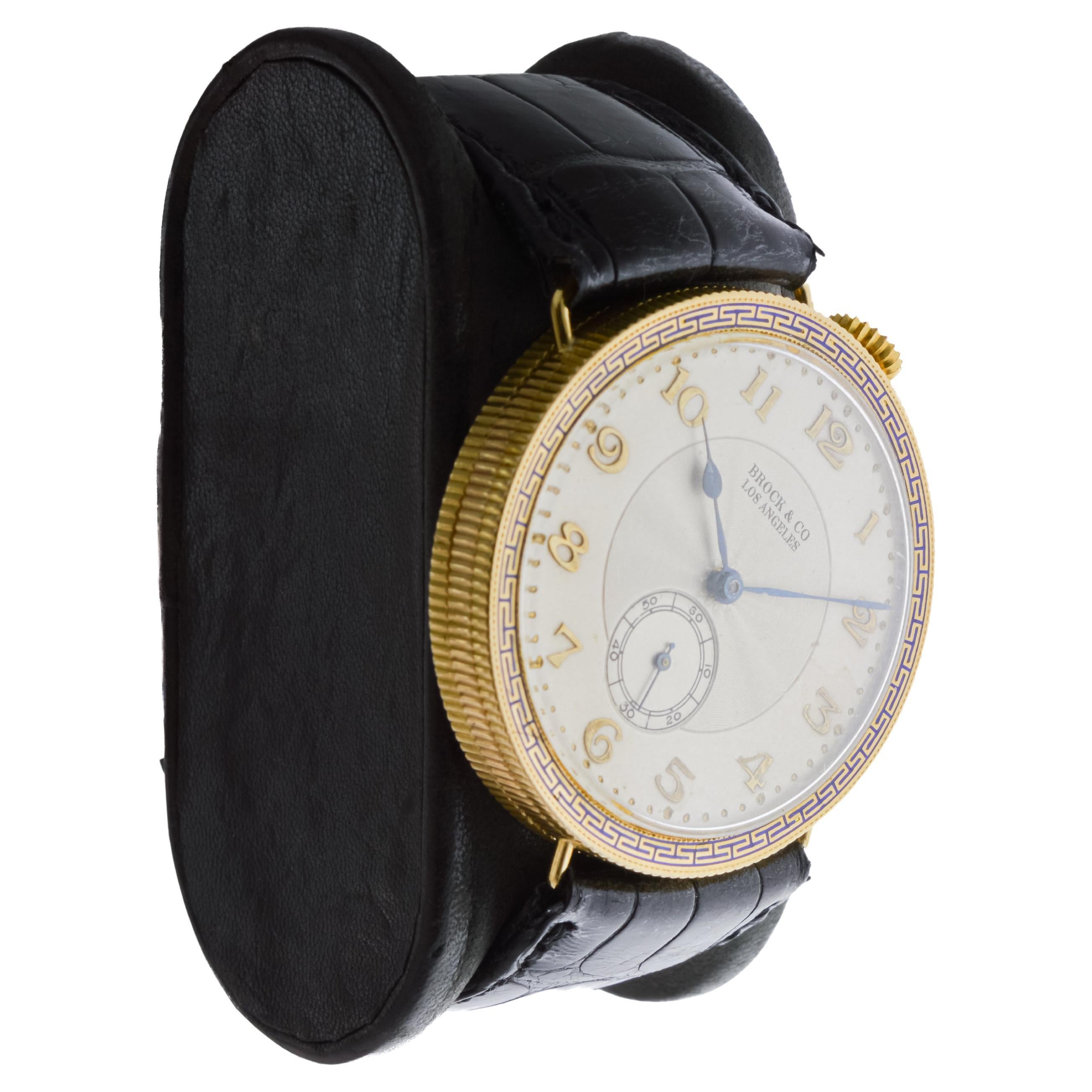FACTORY / HOUSE: Brock & Co.
STYLE / REFERENCE: Art Deco / Pocket Wrist Watch
METAL / MATERIAL: 18Kt Solid Gold with Kiln Fired Enamel Bezel
CIRCA / YEAR: 1930's
DIMENSIONS / SIZE: Length 39mm X Diameter 38mm
MOVEMENT / CALIBER: Manual Winding / 17