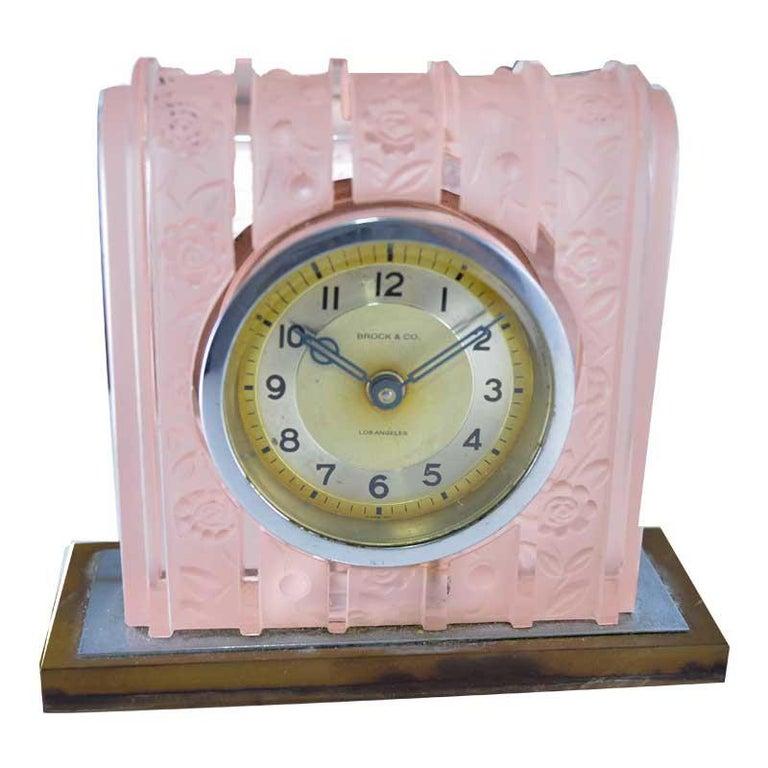 FACTORY / HOUSE: Brock & Co.
STYLE / REFERENCE: Art Deco / Desk Clock l 
METAL / MATERIAL: French Glass and Metal
CIRCA / YEAR: 1930's
DIMENSIONS / SIZE: 4 3/4 tall x 4 wide x 1 3/4 deep 
MOVEMENT / CALIBER: Manual Winding 
DIAL / HANDS: Original