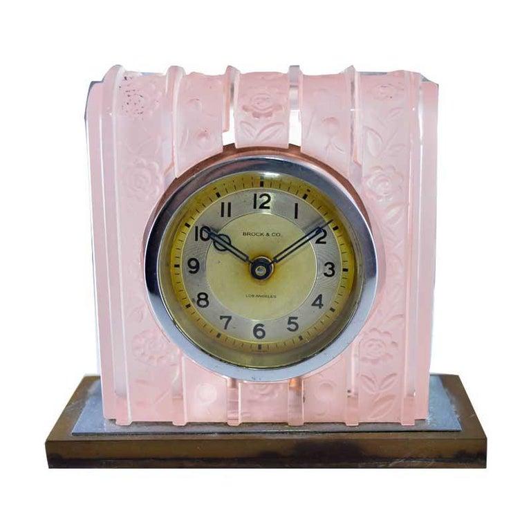 Brock & Co. French Glass Art Deco Boudoir Clock from 1930's In Excellent Condition For Sale In Long Beach, CA