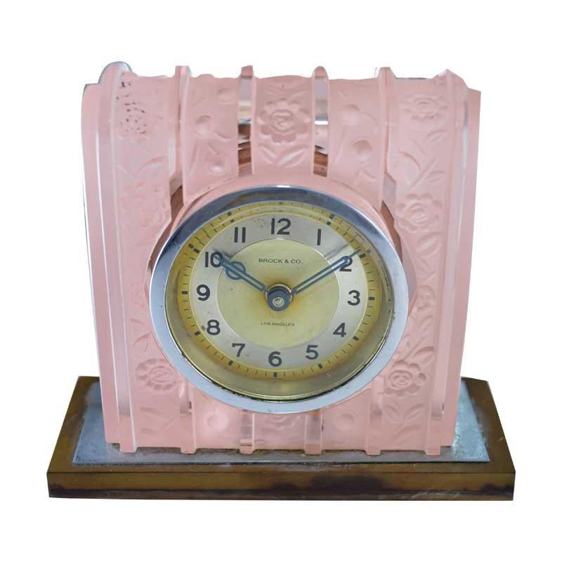 Brock & Co. French Glass Art Deco Boudoir Clock from 1930's In Excellent Condition For Sale In Long Beach, CA