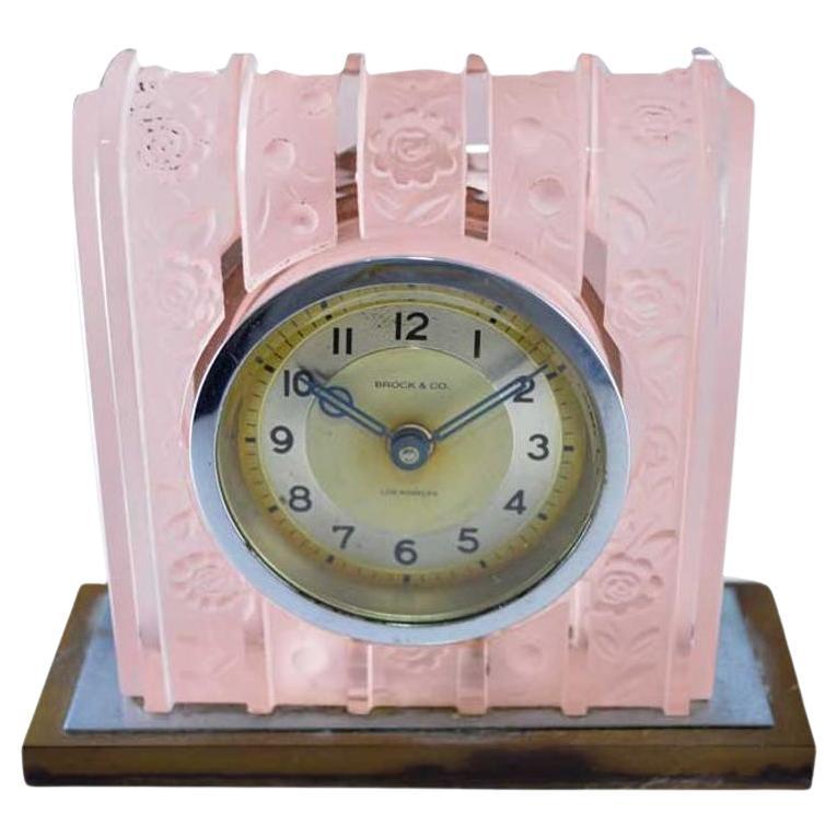 Brock & Co. French Glass Art Deco Boudoir Clock from 1930's For Sale