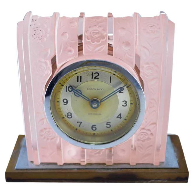 FACTORY / HOUSE: Brock & Co.
STYLE / REFERENCE: Art Deco / Desk Clock l 
METAL / MATERIAL: French Glass and Metal
CIRCA / YEAR: 1930's
DIMENSIONS / SIZE: 4 3/4 Tall X 4 Wide X 1 3/4 Deep 
MOVEMENT / CALIBER: Manual Winding  
DIAL / HANDS: Original