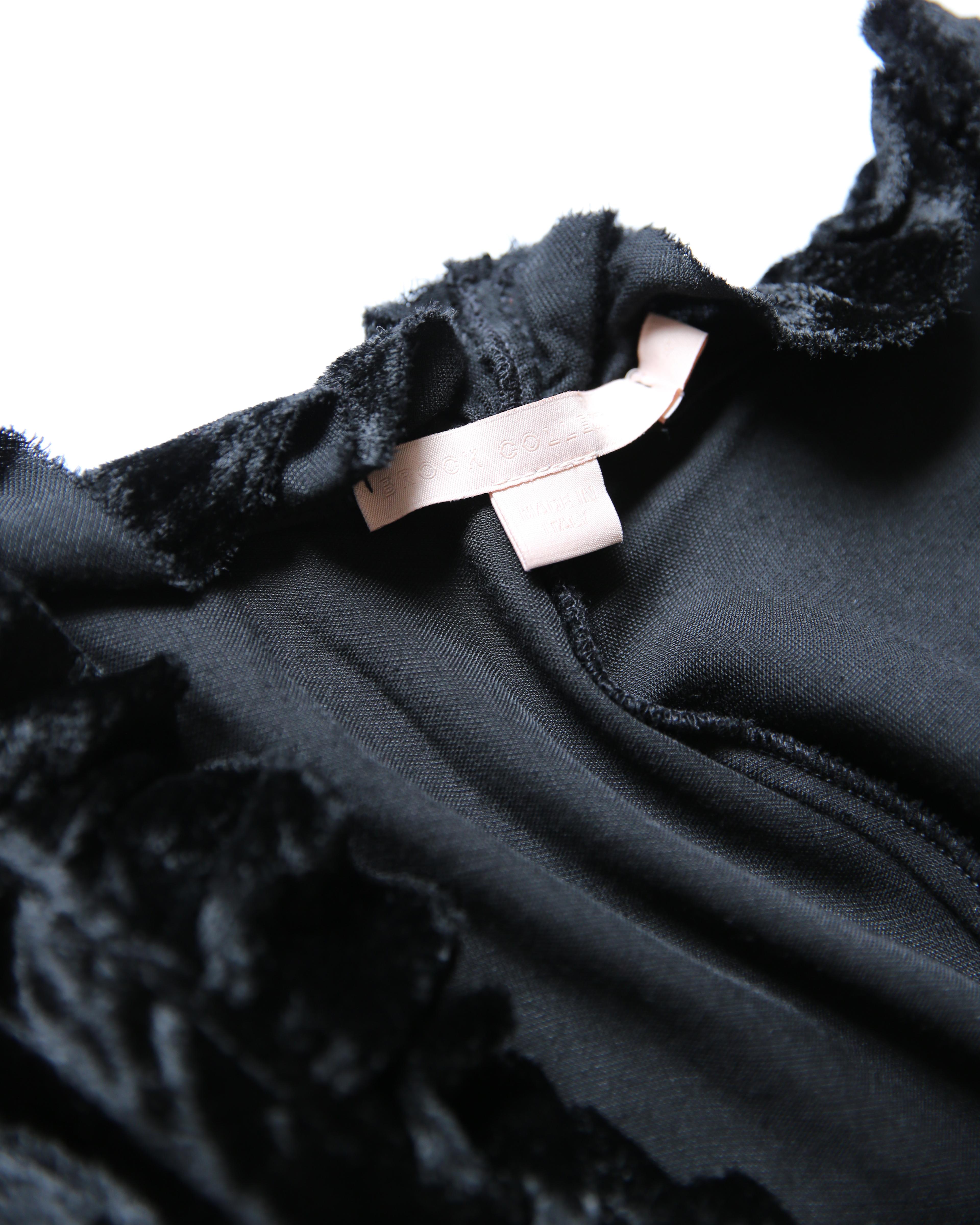 Brock Collection black ruffle short sleeve square neck knee length velvet dress For Sale 2