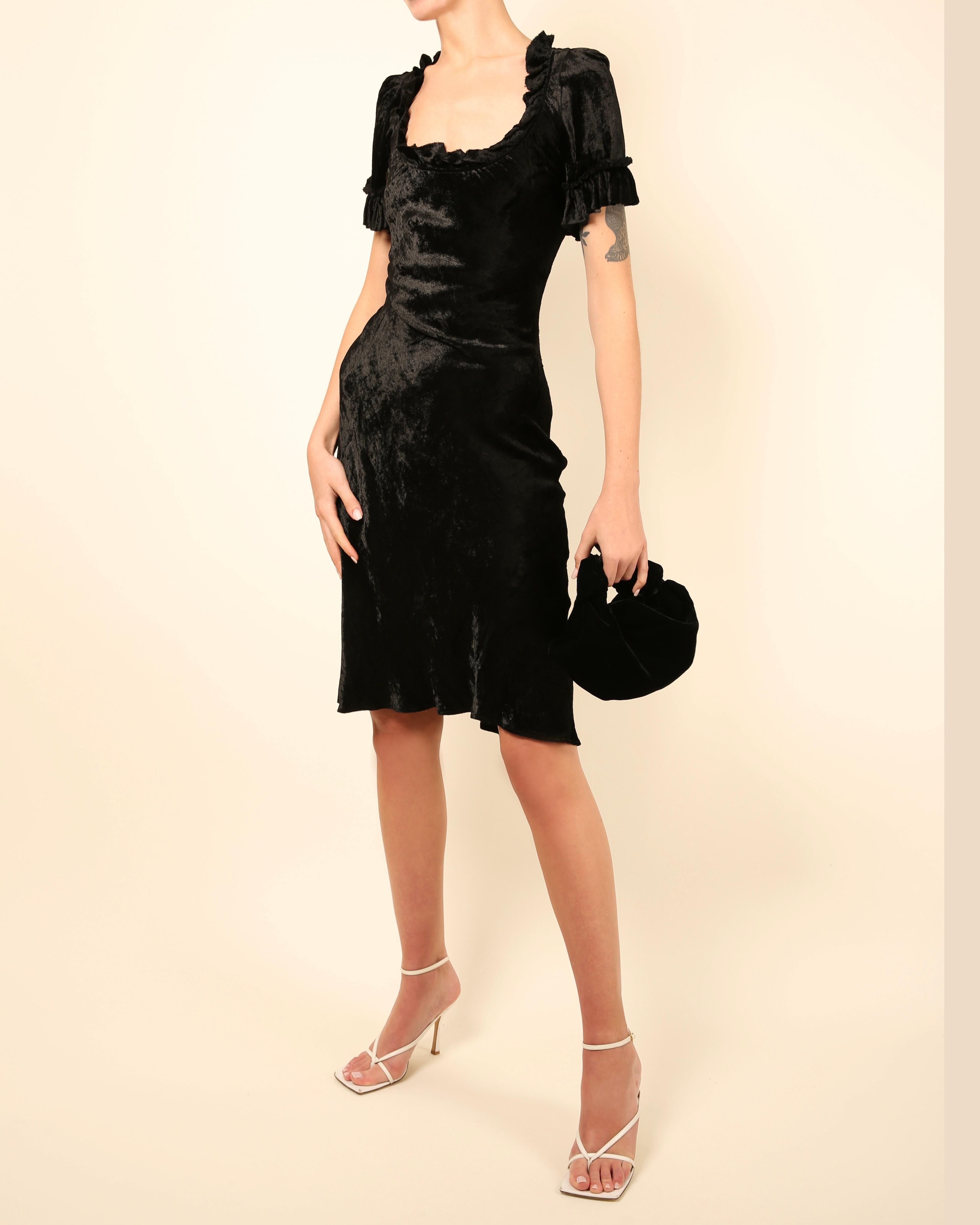 Black Brock Collection black ruffle short sleeve square neck knee length velvet dress For Sale