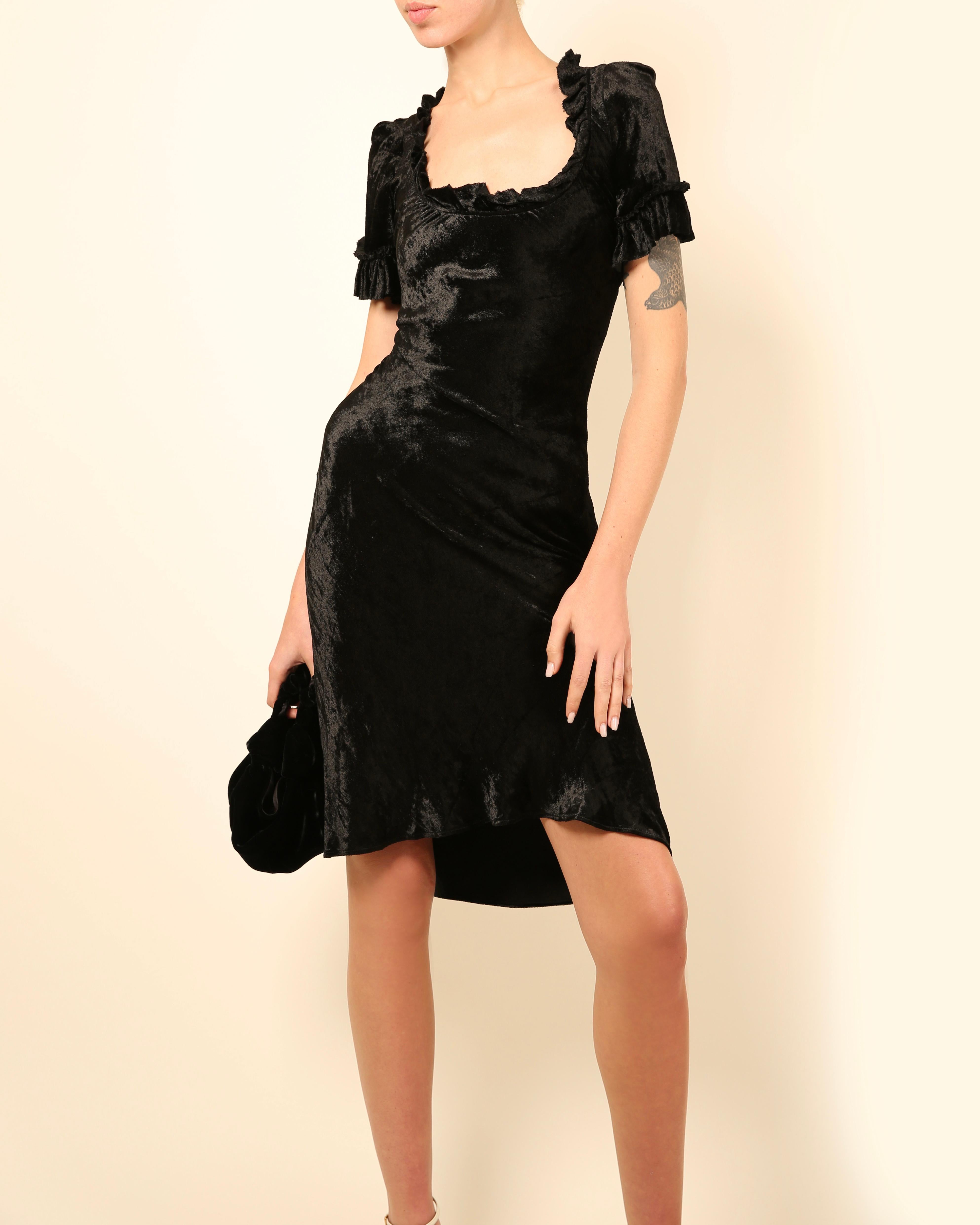 Brock Collection black ruffle short sleeve square neck knee length velvet dress In Excellent Condition For Sale In Paris, FR