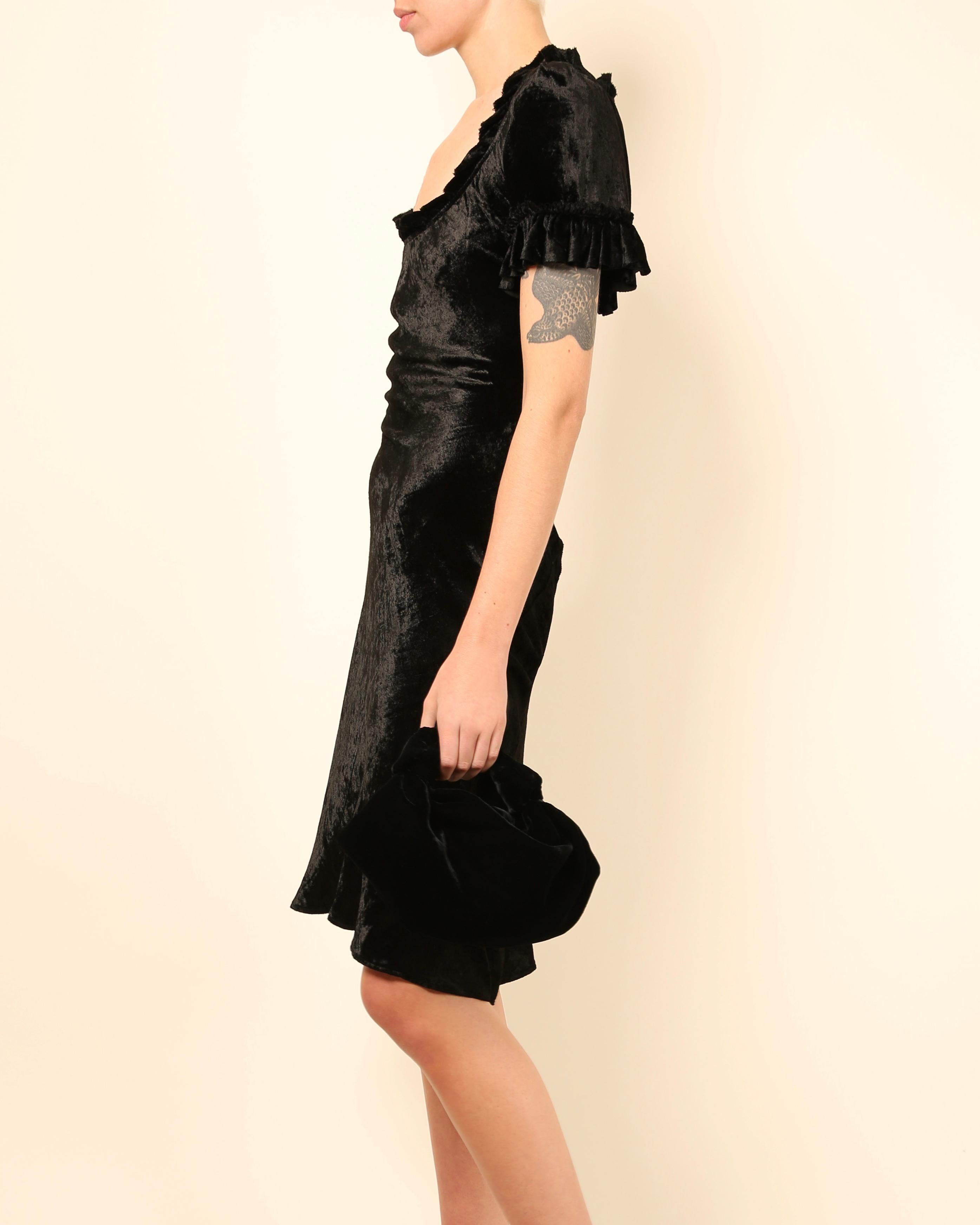 Women's Brock Collection black ruffle short sleeve square neck knee length velvet dress For Sale