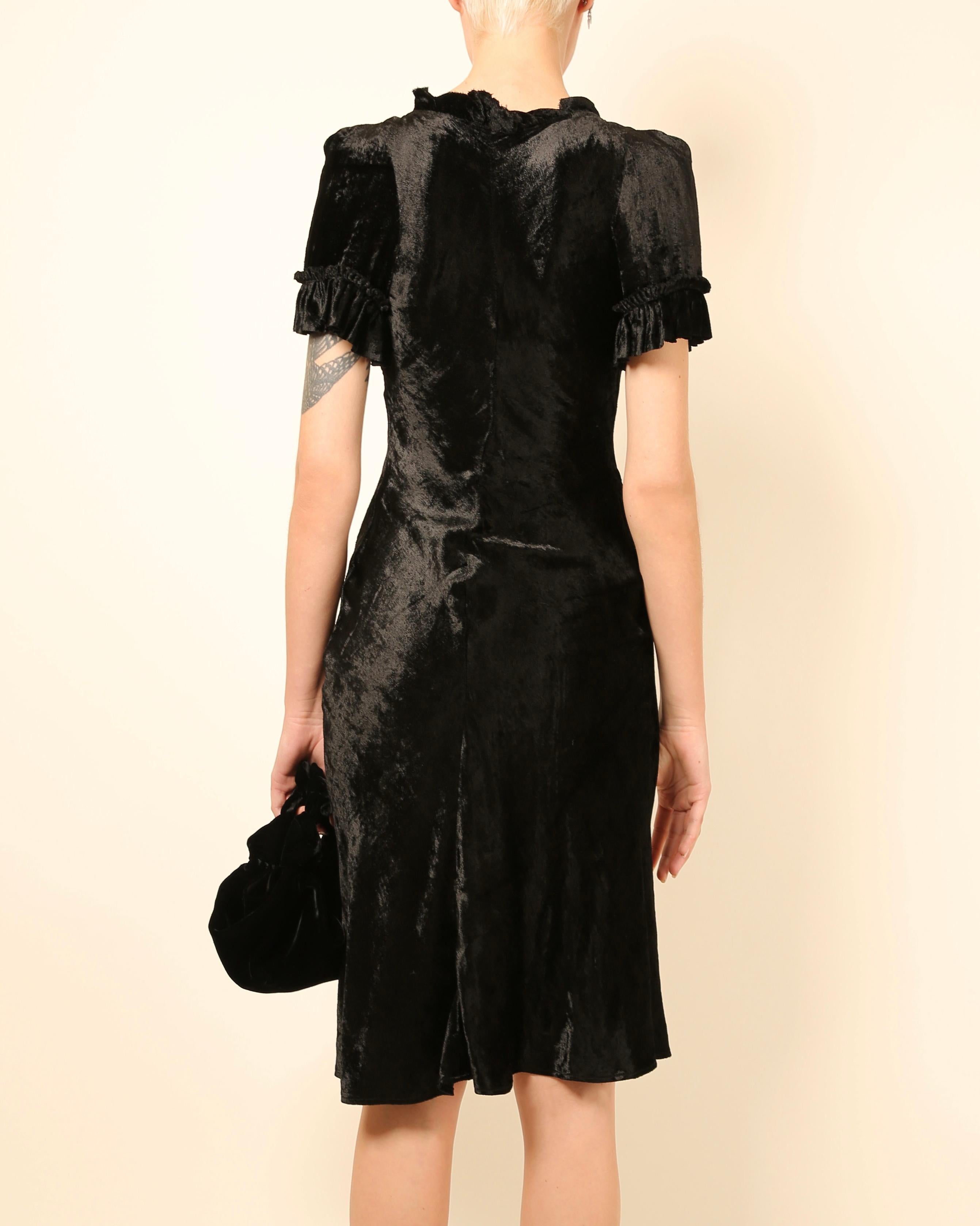 Brock Collection black ruffle short sleeve square neck knee length velvet dress For Sale 1