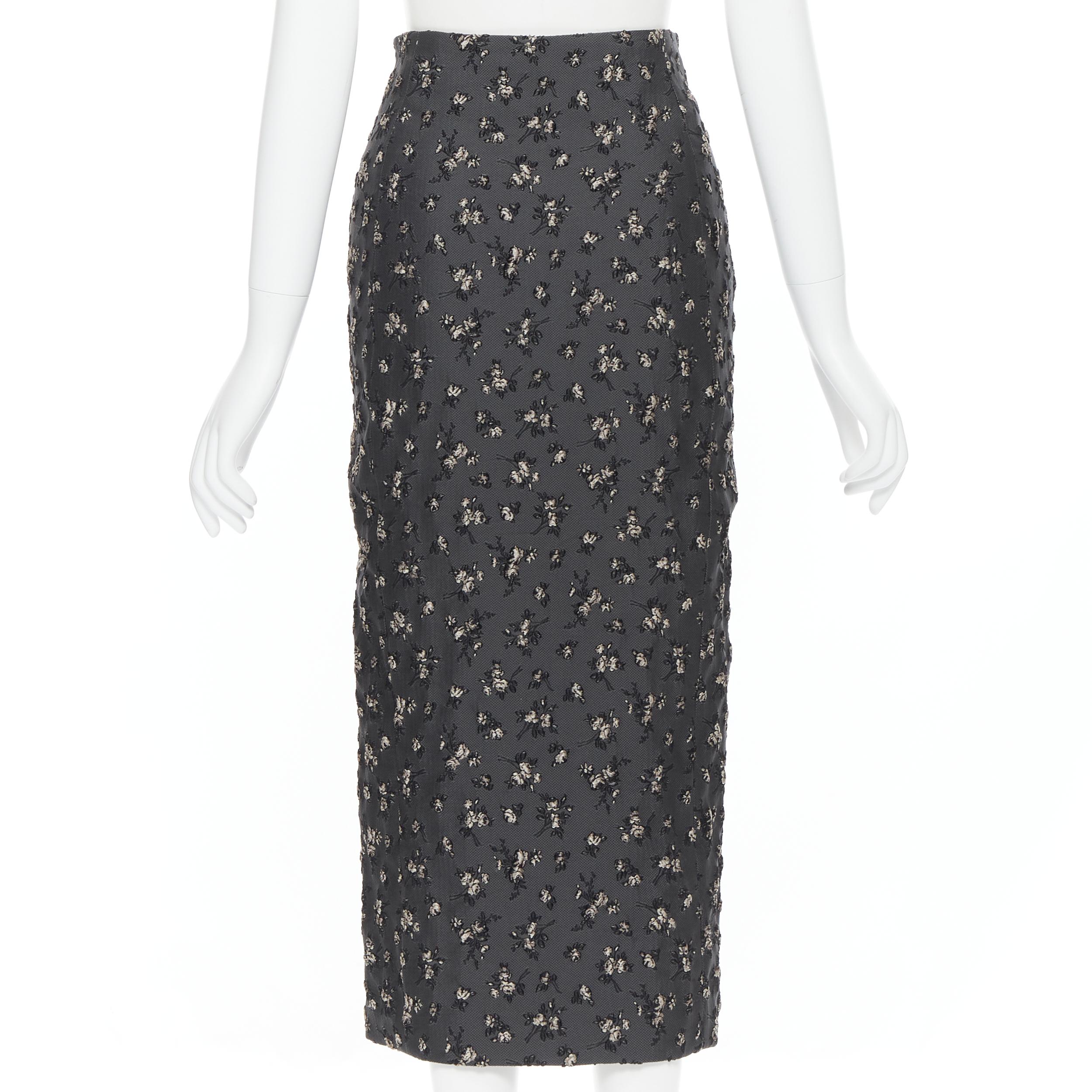 Black BROCK COLLECTION grey floral cloque front dart knee length pencil skirt Us0 XS For Sale