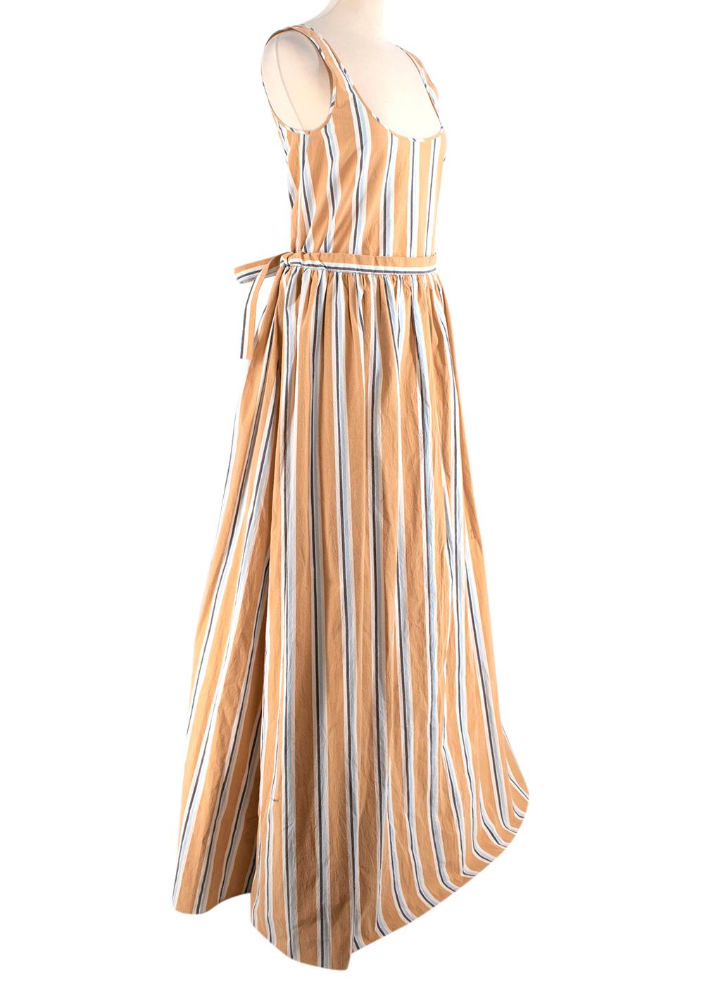 Brock Collection Oriana Striped Cotton Beige Maxi Dress

- Relaxed fit throughout the body with a coordinating waist tie
- Falls into a long skirt
- Sleeveless with scoop neckline
- Striped with graphic hues of white, black and blue

Materials:
100%