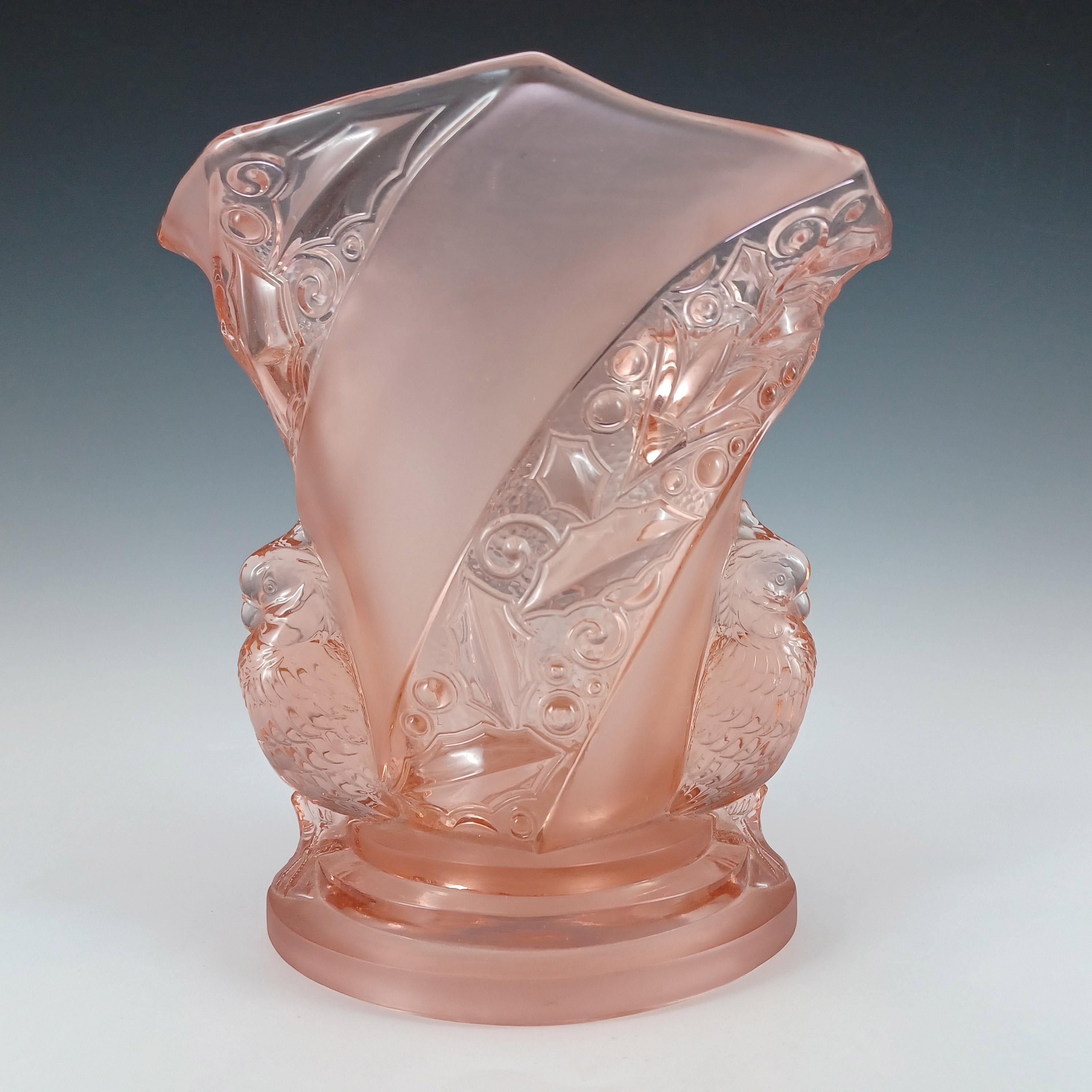 A wonderful large and heavy art deco pink glass 'Parakeet' bird vase. Made by German company Brockwitz in the 1930's/40's, pattern number 6925, and is featured in their 1941 product catalogue. Please note there is no flower frog