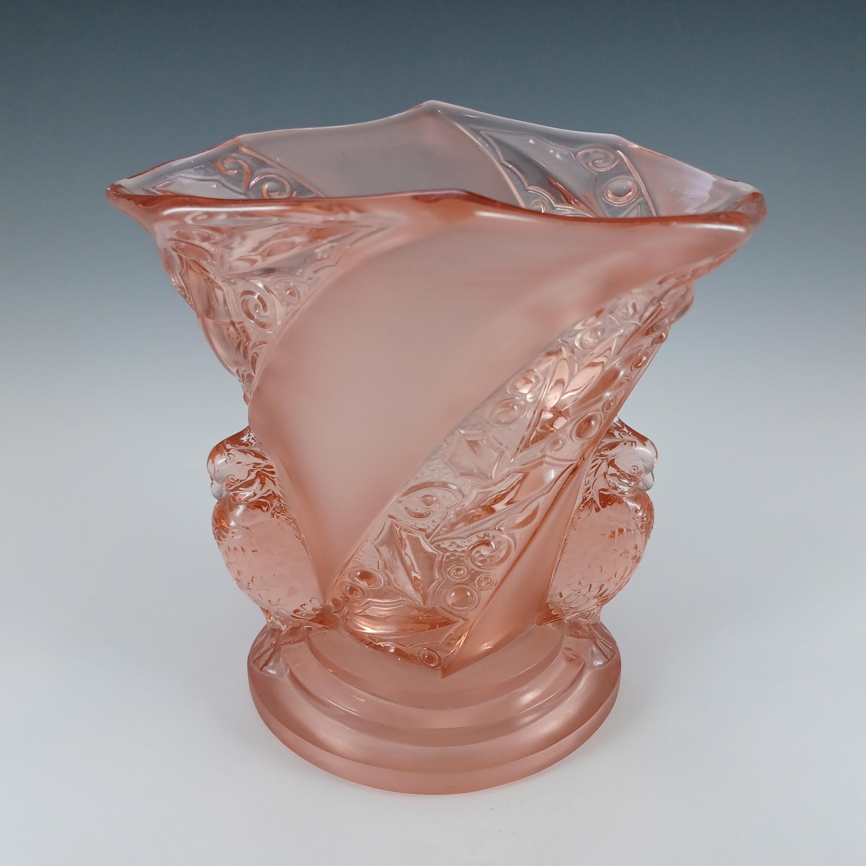German Brockwitz #6925 Art Deco Pink Glass 'Parakeet' Bird Vase For Sale