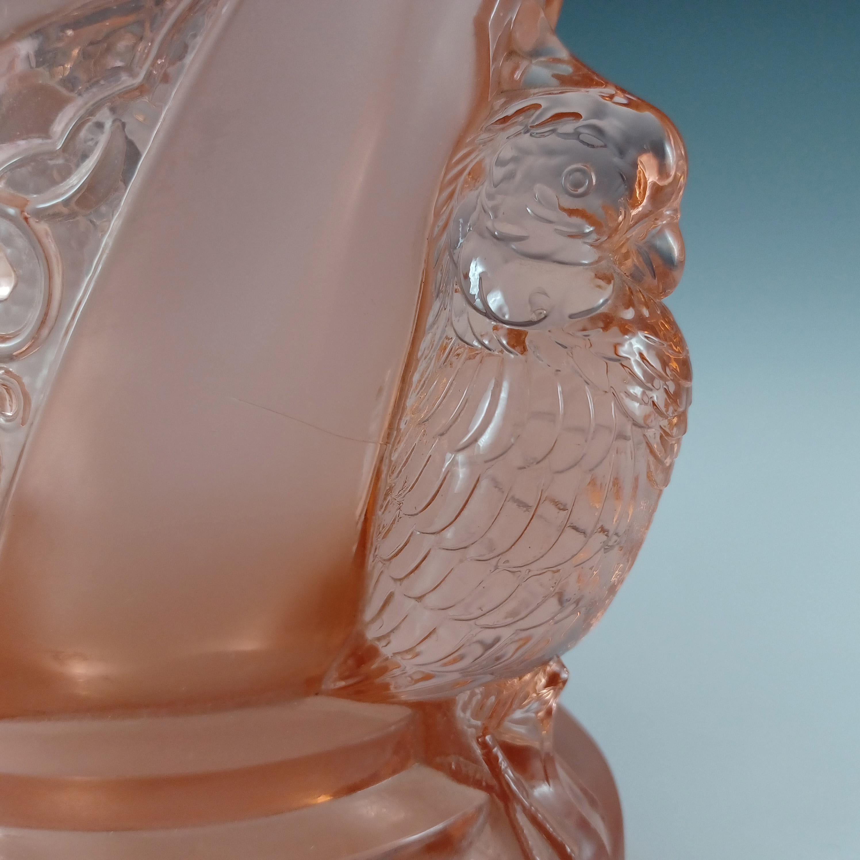 Pressed Brockwitz #6925 Art Deco Pink Glass 'Parakeet' Bird Vase For Sale