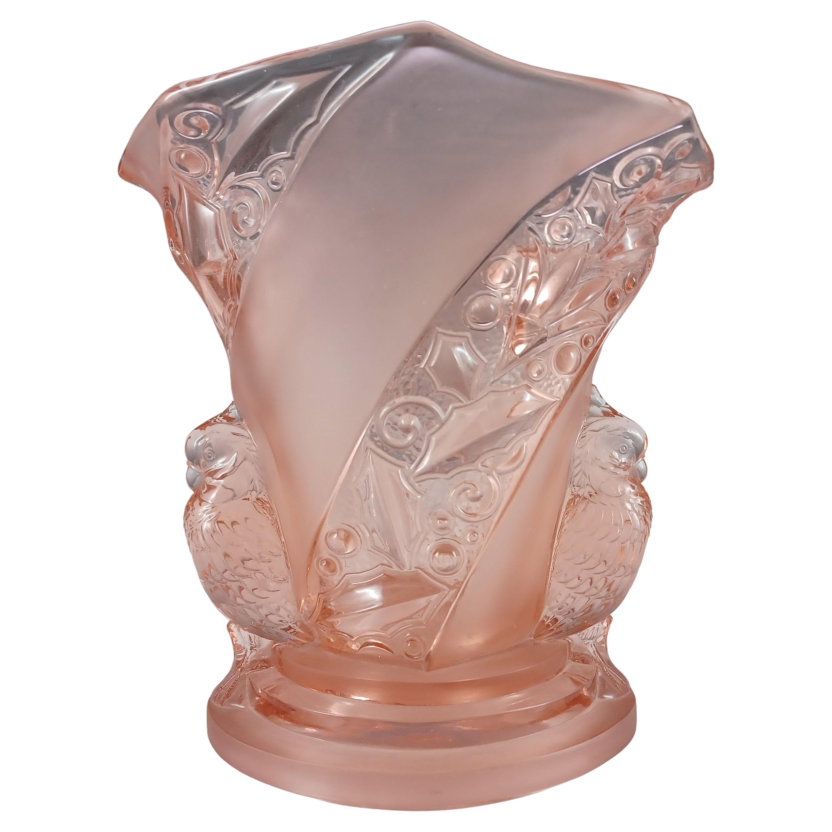 Brockwitz #6925 Art Deco Pink Glass 'Parakeet' Bird Vase For Sale