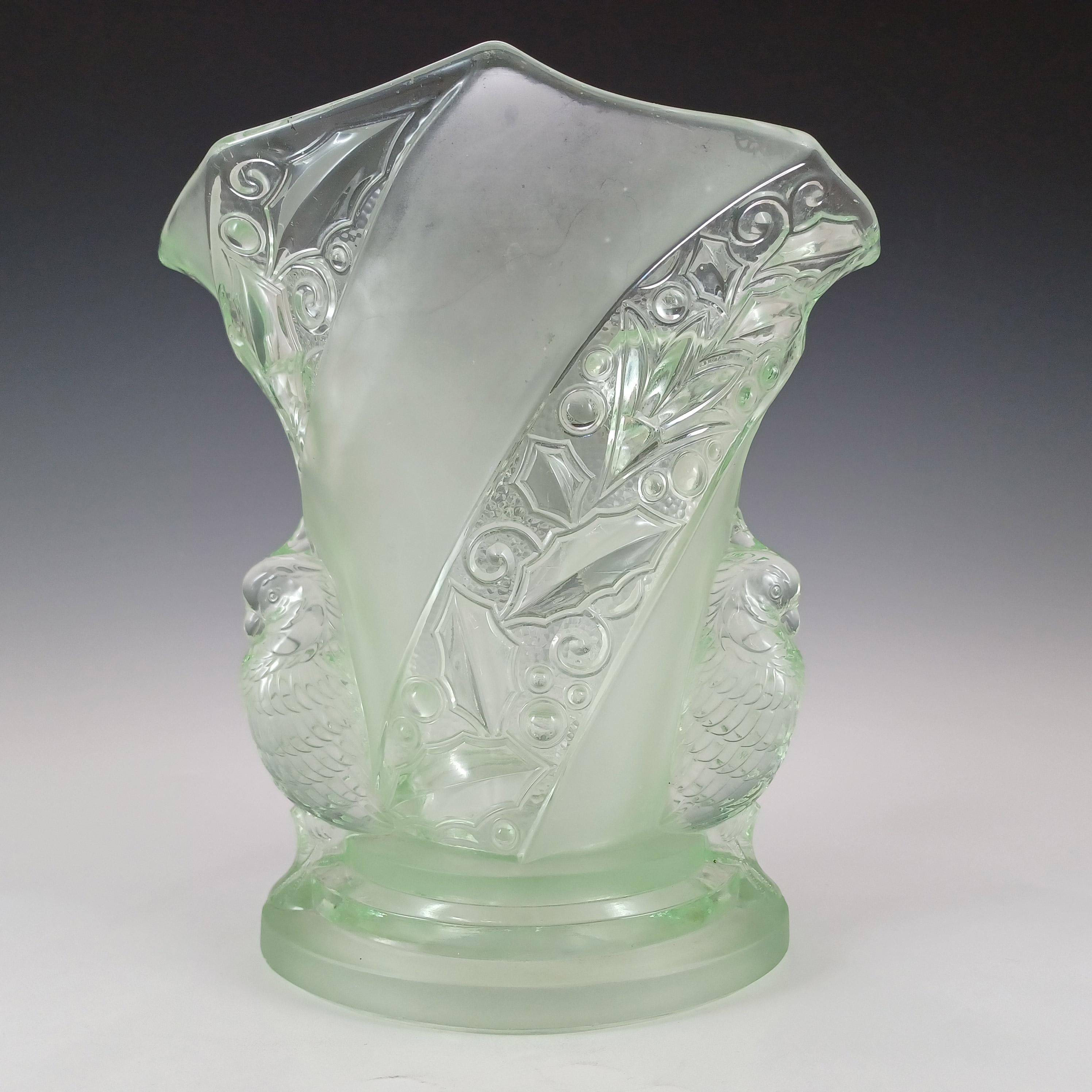 A wonderful large and heavy (1.3 kilos unpacked) art deco green glass 'Parakeet' bird vase. Made by German company Brockwitz in the 1930's/40's, pattern number 6925, and is featured in their 1941 product catalogue. Made in uranium green glass, which