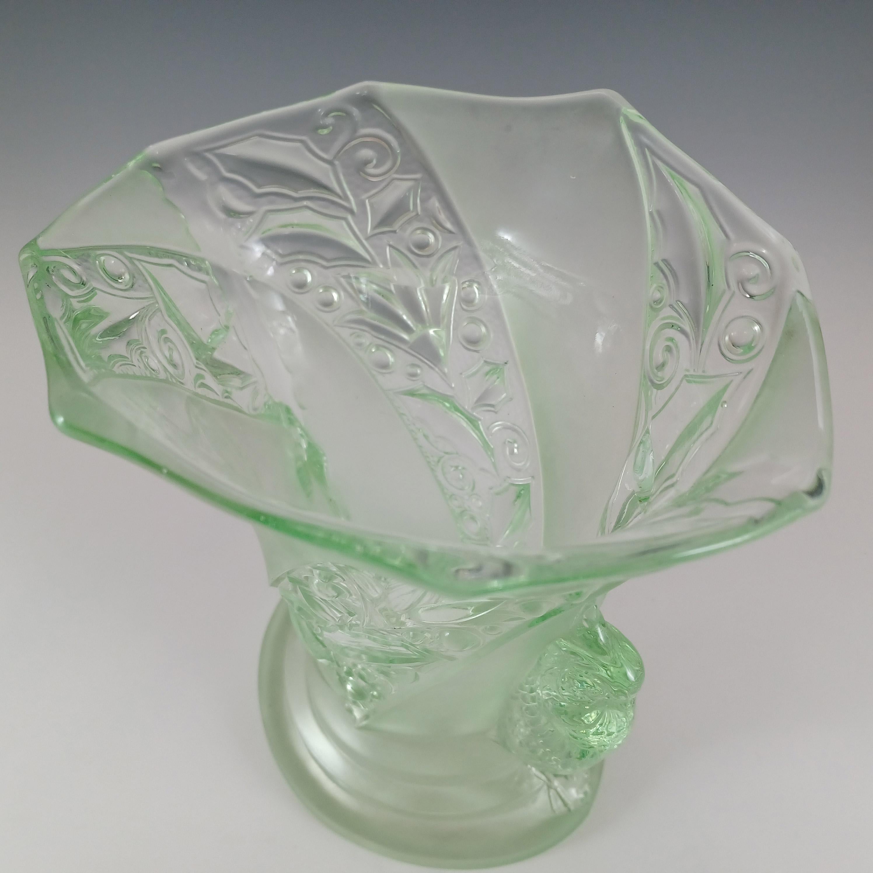Pressed Brockwitz Art Deco Uranium Green Glass 'Parakeet' Bird Vase For Sale
