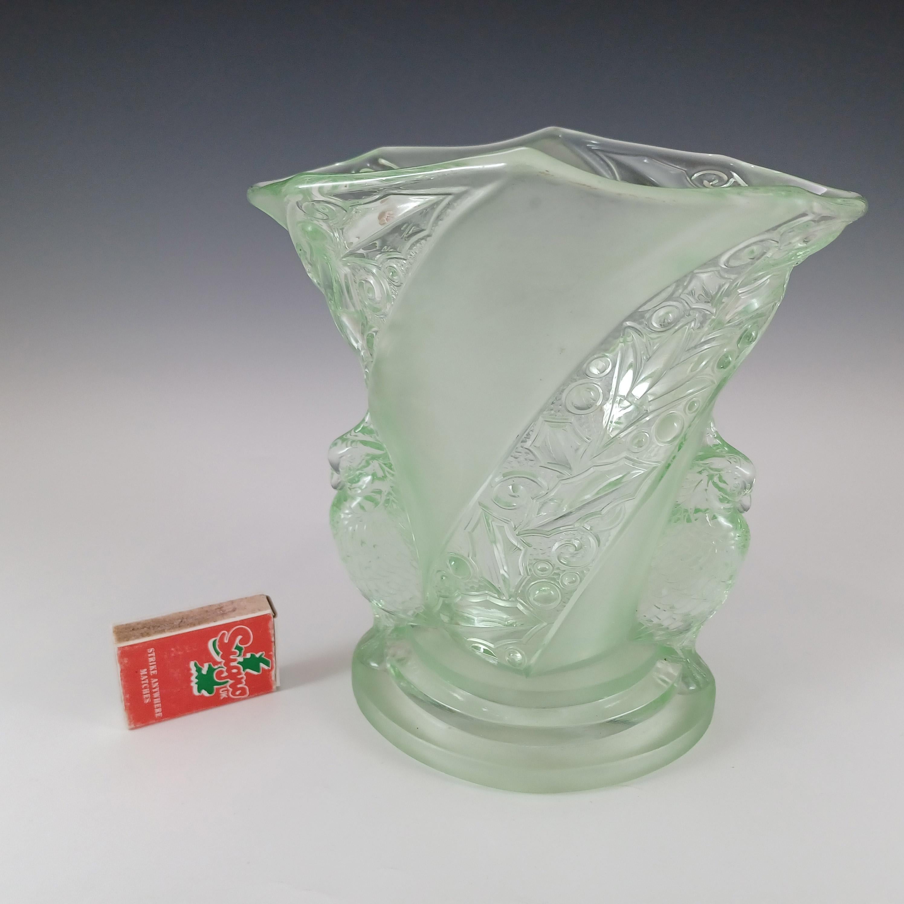Mid-20th Century Brockwitz Art Deco Uranium Green Glass 'Parakeet' Bird Vase For Sale