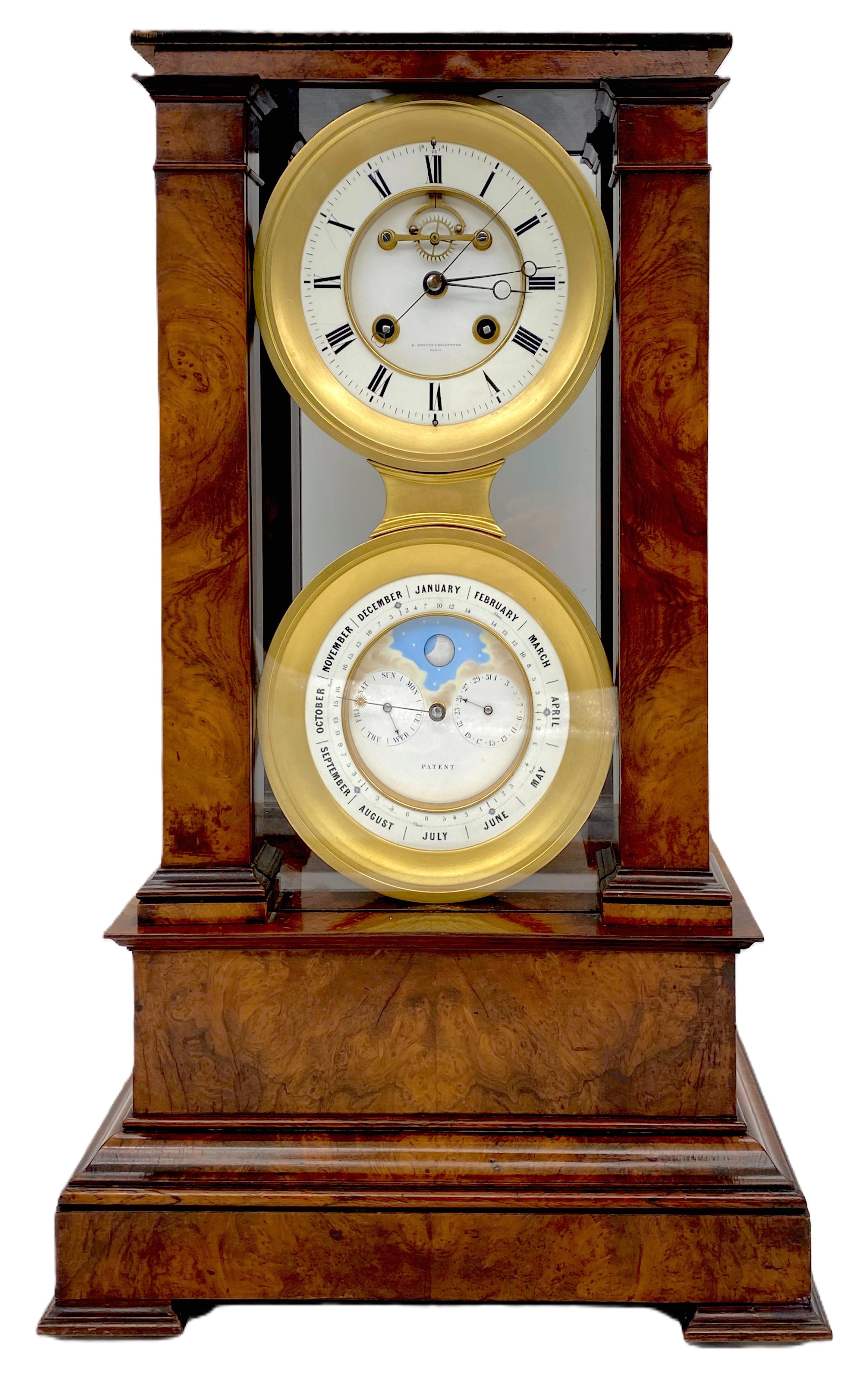 Brocot–Delettrez Paris Astronomical Clock with Perpetual Calendar, circa 1872–1880

Case: Burl walnut veneer with ebonized moldings, glazed on all four sides, rectangular form with pilasters, stepped plinth base, and mirrored interior.
Dimensions: