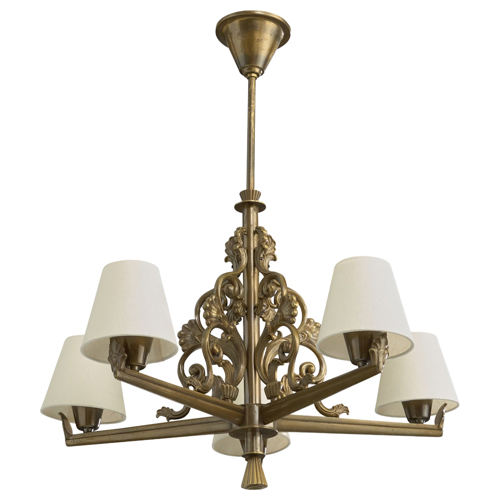 Bröderna Malmström Metallvarufabrik, Chandelier, Brass, Fabric, Sweden, 1940s For Sale