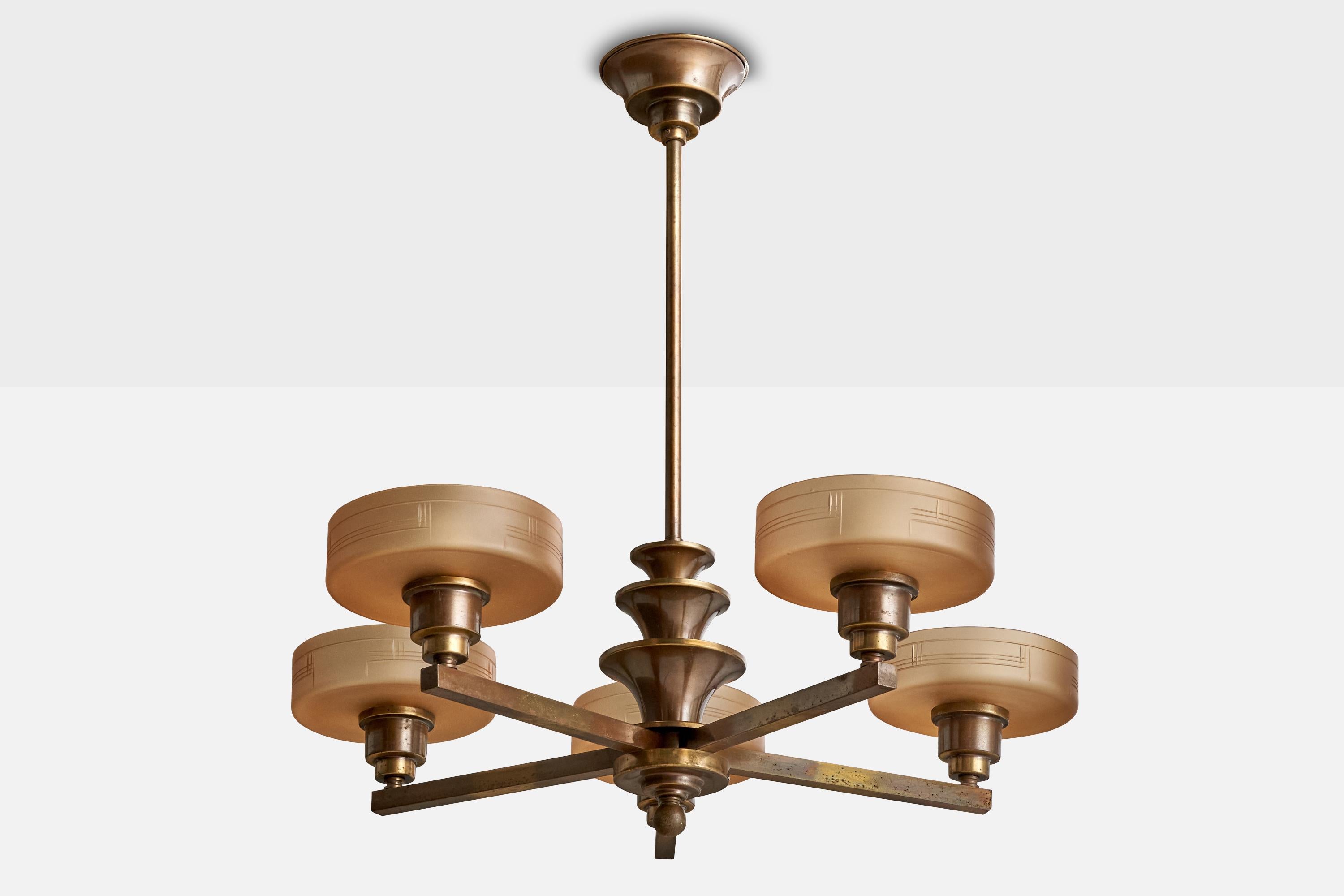 A brass and glass chandelier attributed to Bröderna Malmström Metallvarufabrik, Sweden, c. 1940s.

Overall Dimensions (inches): 24.625” H x  24.375” Diameter

Dimensions of Canopy:  2.875” H x 4.875” W x 4.875” D

Stem length: 13.25”H

Bulb