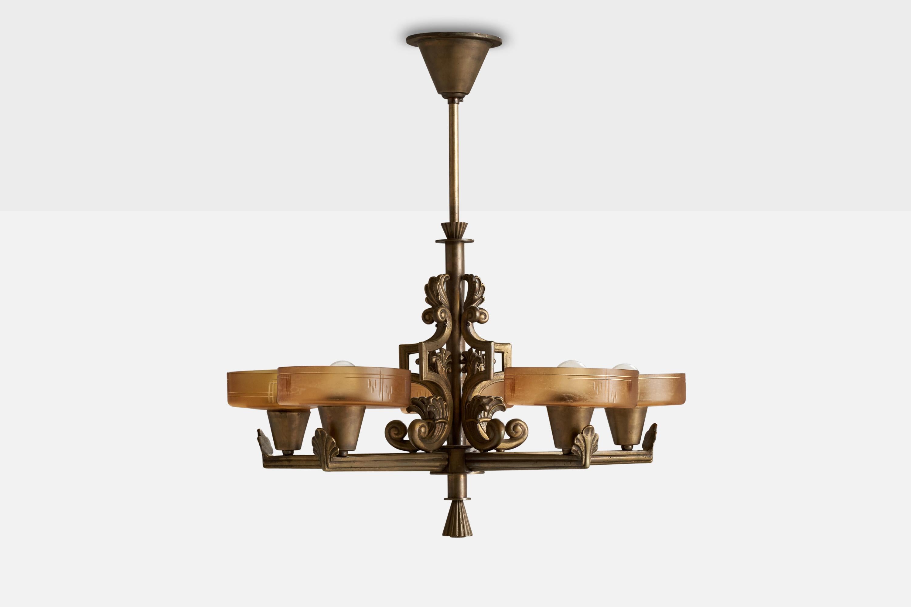 Scandinavian Modern Bröderna Malmströms Metallvarufabrik, Chandelier, Brass, Glass, Sweden, 1930s For Sale